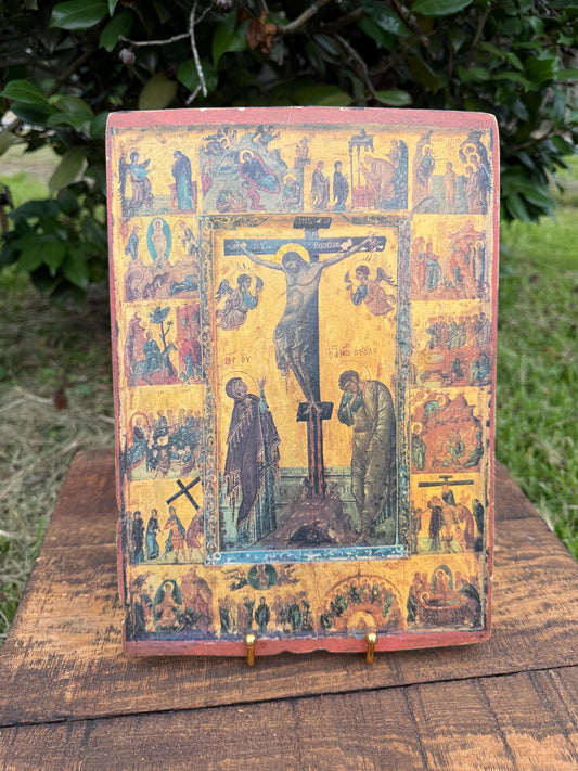 Greek Orthodox Crucifixion Icon with New Testament Scenes | Vintage Thessaloniki Icon Panel, 12x9"