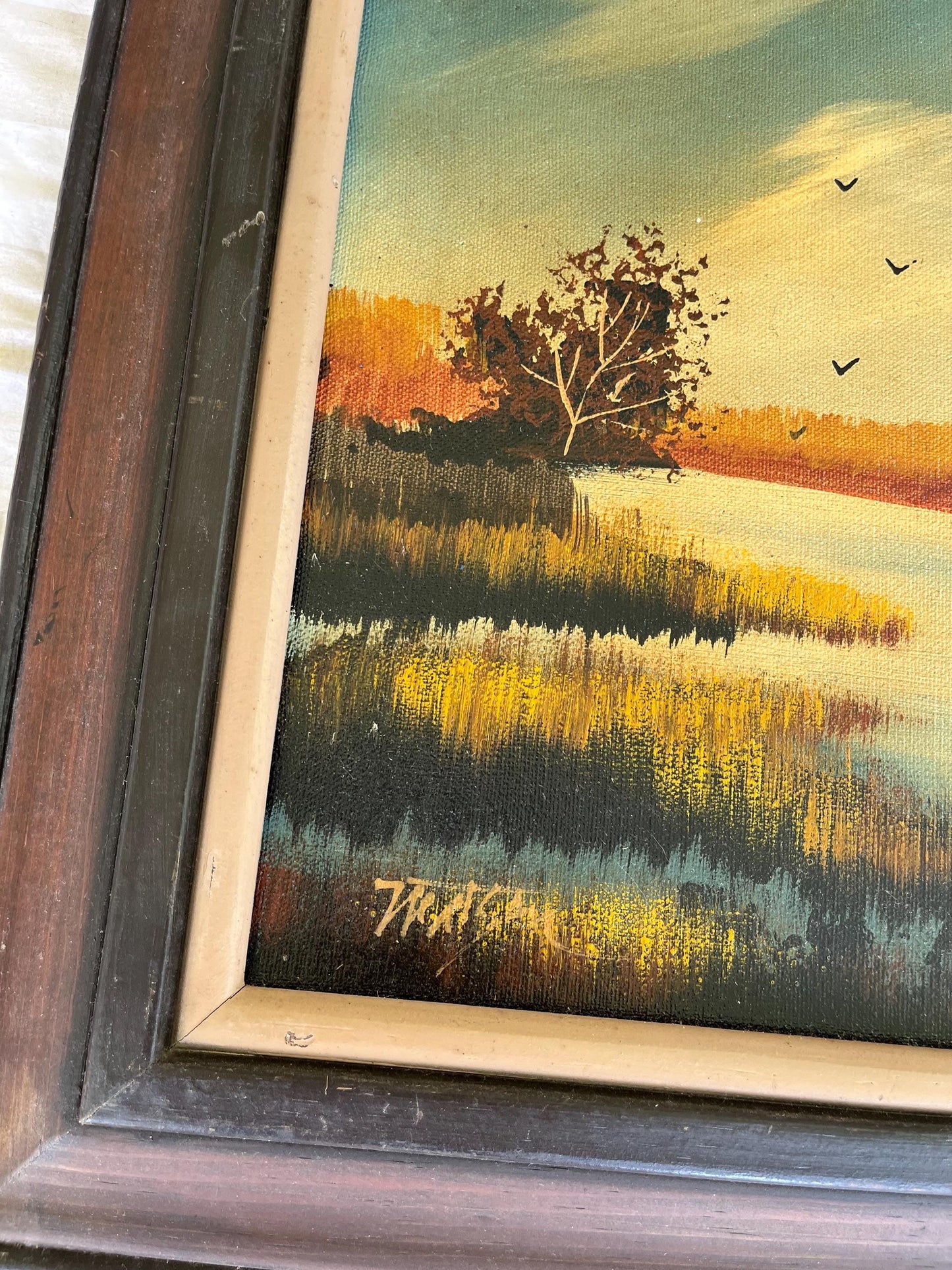 Midcentury Marshland Oil Painting | Southern Coastal Wetland Scene | Birds in Flight | 14x14 Canvas