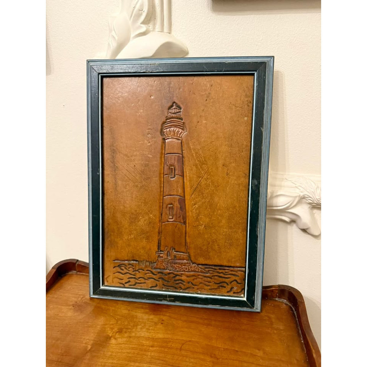 Vintage Hand-Tooled Leather Lighthouse Wall Art, Framed Nautical Folk Art