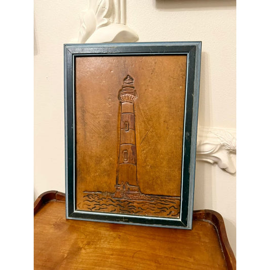 Vintage Hand-Tooled Leather Lighthouse Wall Art, Framed Nautical Folk Art
