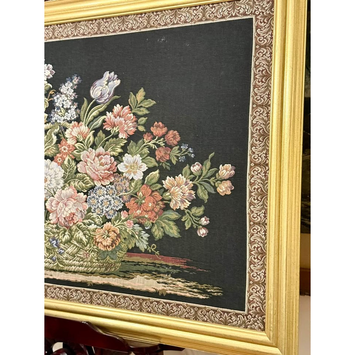 Large Vintage Framed Floral Jacquard Tapestry, Basket of Flowers, 39”