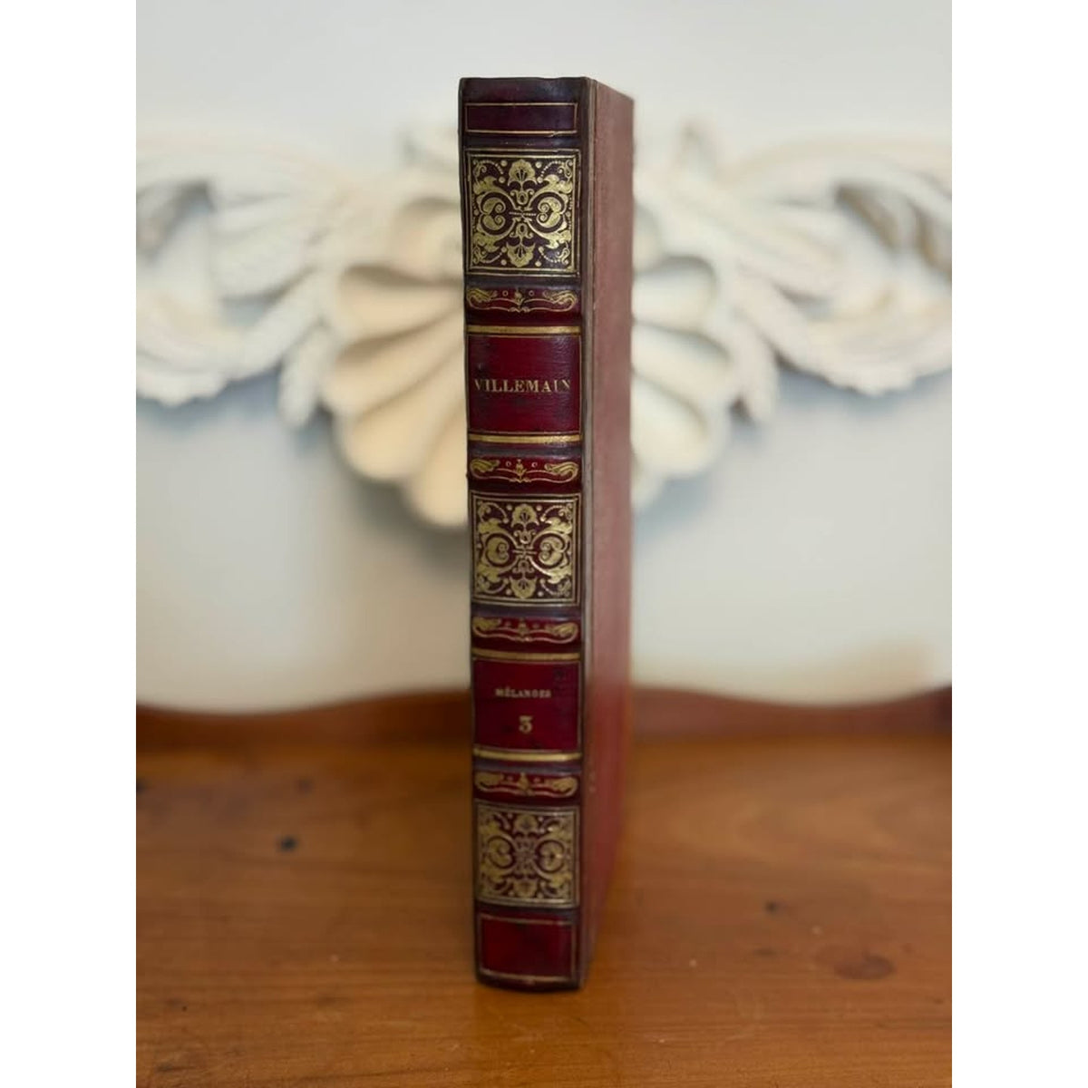 1828 Antique French Leather Bound Book, Villemain, Gilt Decorated Spine