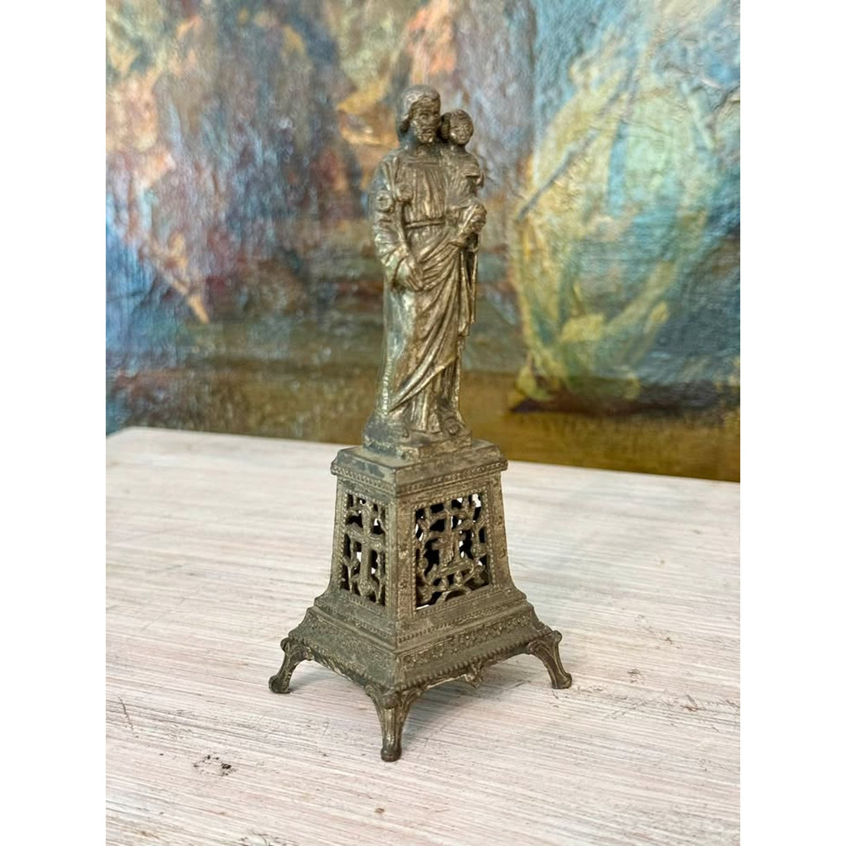 Vintage Saint Joseph with Christ Child Metal Devotional Statue