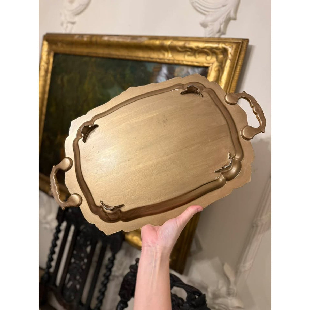 Vintage Blue & Gold Painted Metal Footed Serving Tray