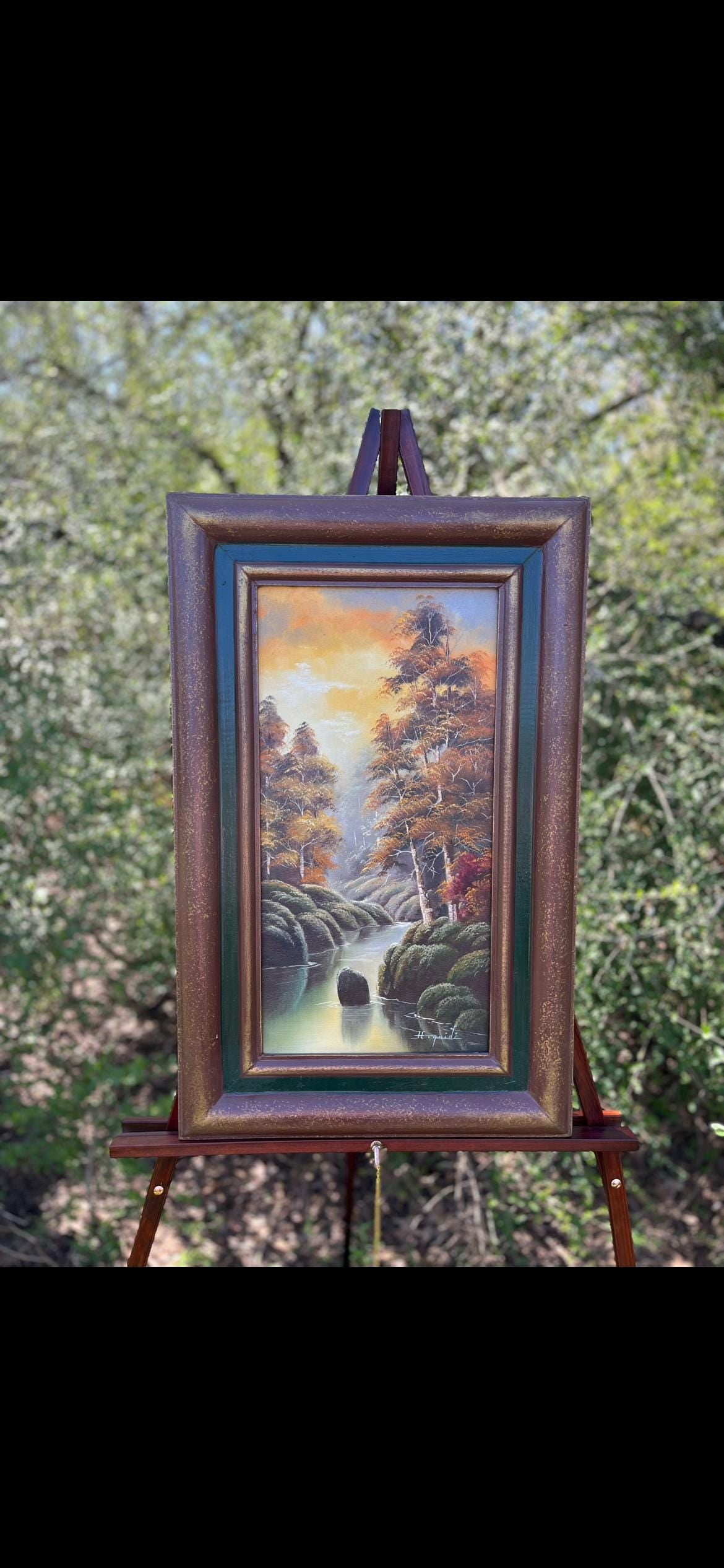 H. Roquidi Original Oil Painting – Tall River Landscape with Trees – Framed Rustic Art
