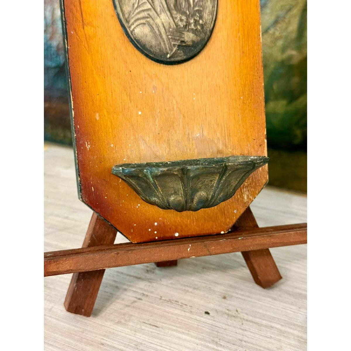 Vintage Virgin Mary Holy Water Font with Wooden Wall Plaque and Metal Basin
