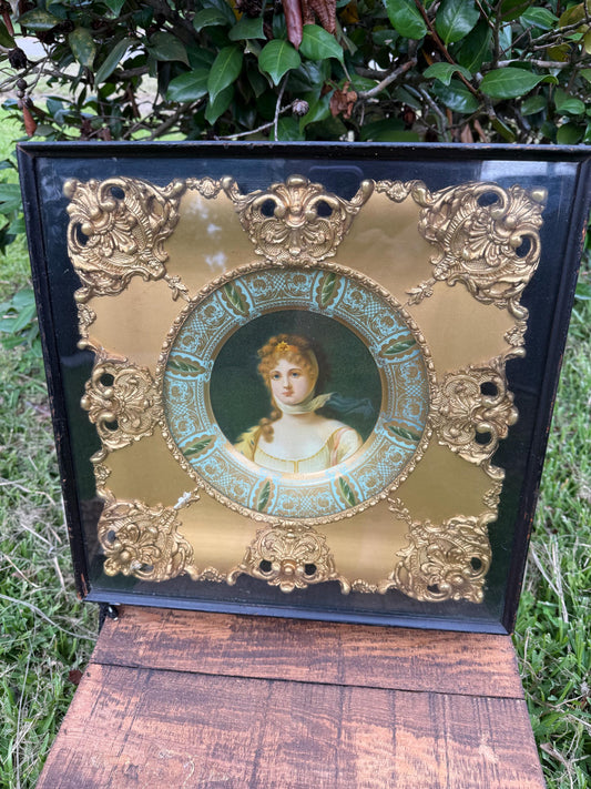 Antique Vienna Portrait Plate with Gilded Brass Mat | Early 1900s Hand-Painted Porcelain Lady Portrait, Framed