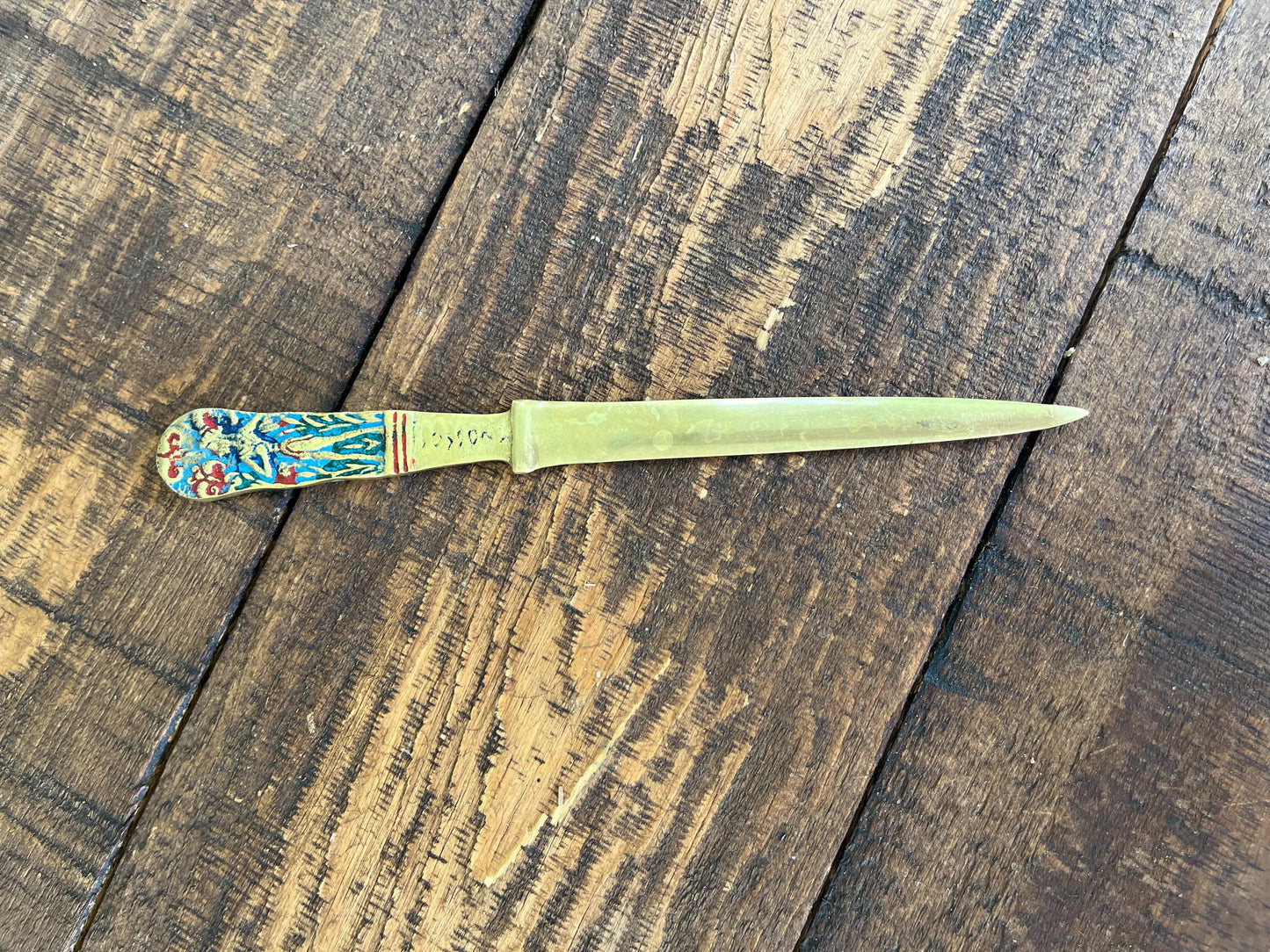 Vintage Brass Letter Opener with Painted Egyptian Motifs – Mid Century Souvenir Paper Knives