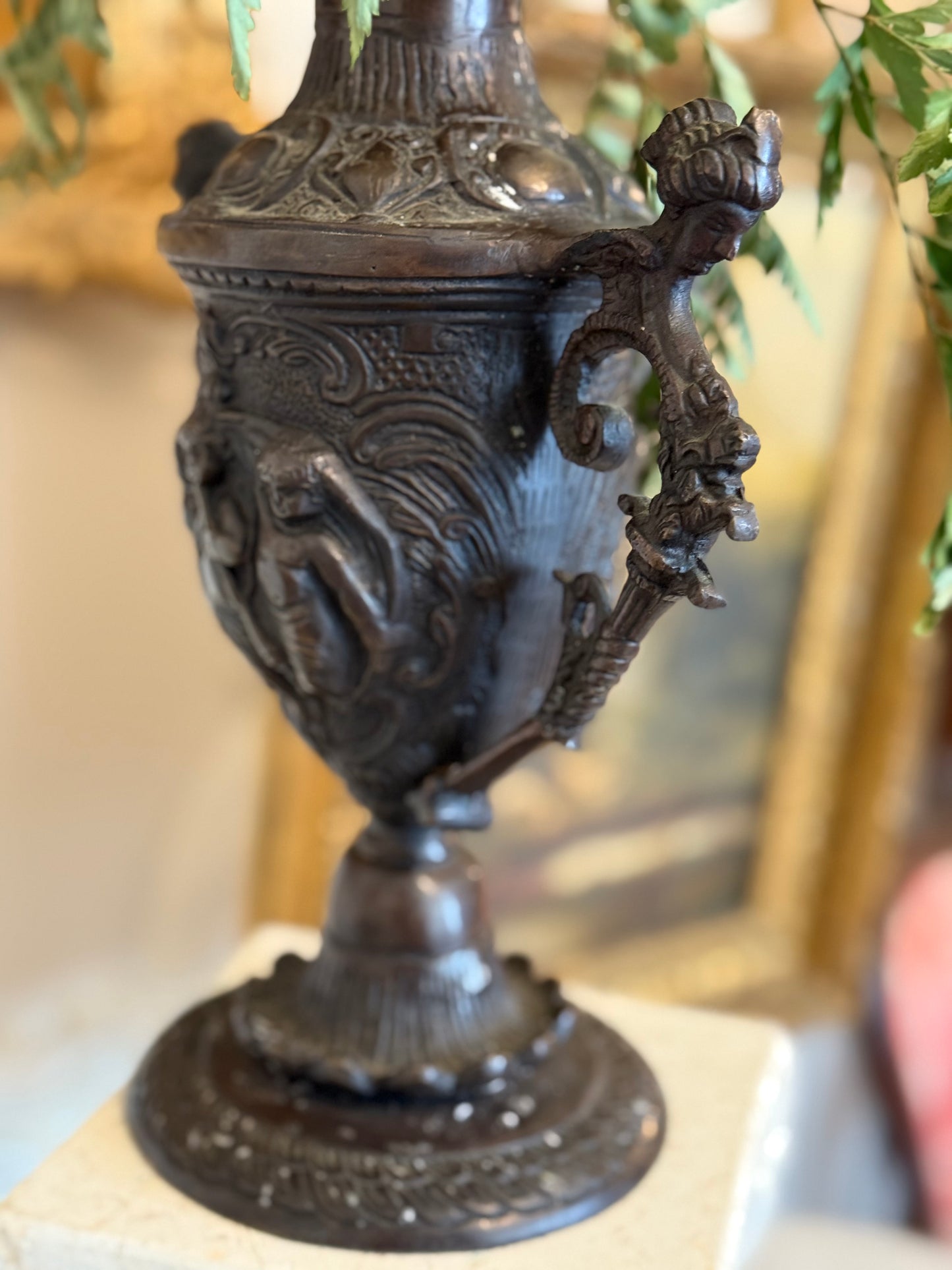 Antique Cast Bronze Figural Urn Vase