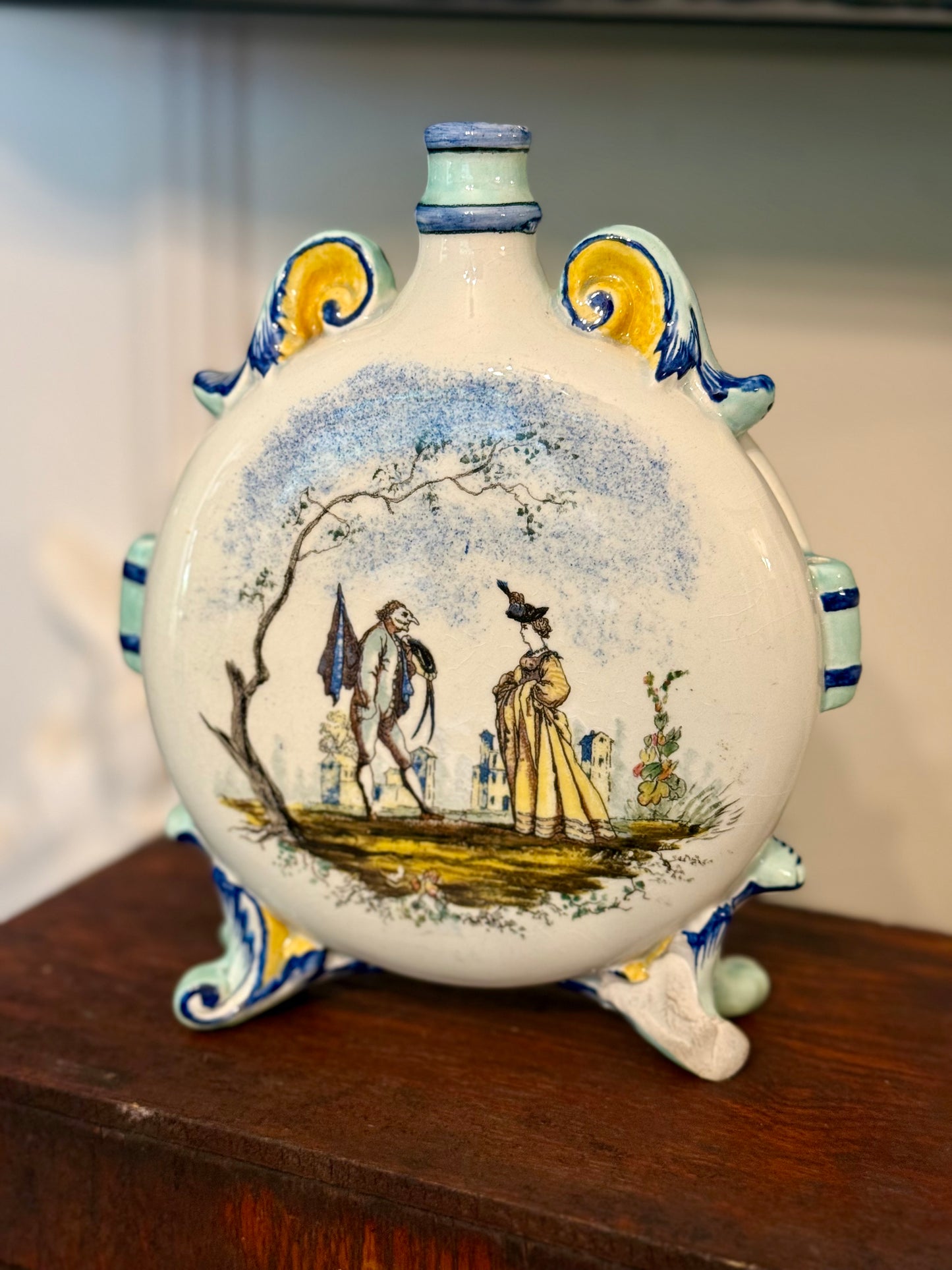 Antique French Faience Pilgrim Flask with Rococo Courtly Scenes