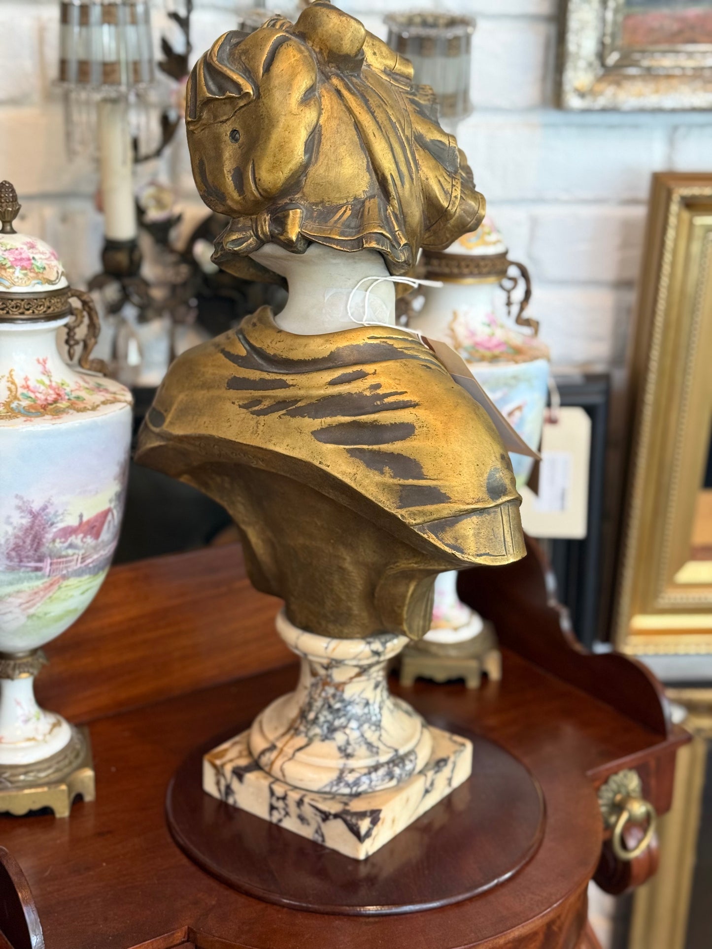 French Marble and Patinated Bronze Maiden Bust, After Jean-Baptiste Greuze