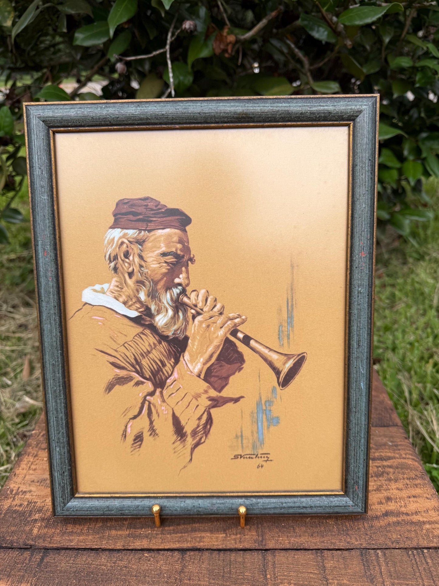 Framed Greek Flute Player Print – Parnassos Folk Musician Art by Vassiliou 1964, 10.5x13.5