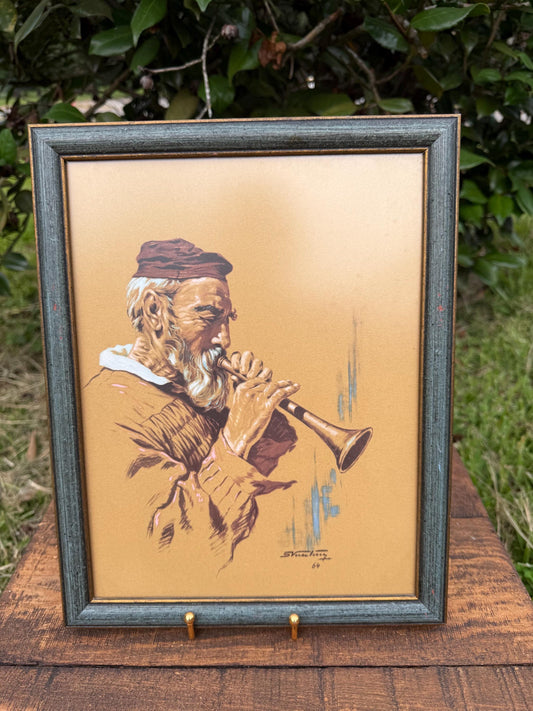 Framed Greek Flute Player Print – Parnassos Folk Musician Art by Vassiliou 1964, 10.5x13.5