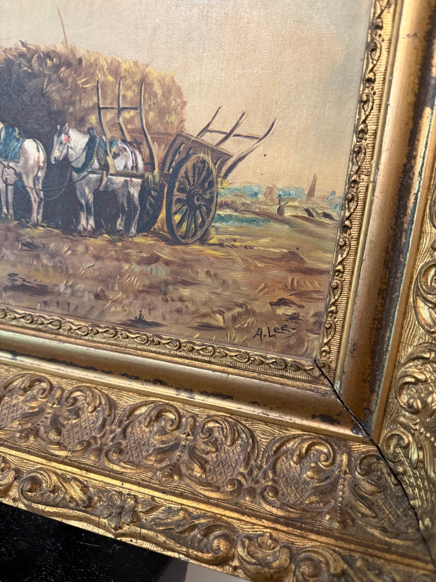 Late 19th Century Signed A. Lee Harvest Scene Oil Painting in Period Gilt Frame