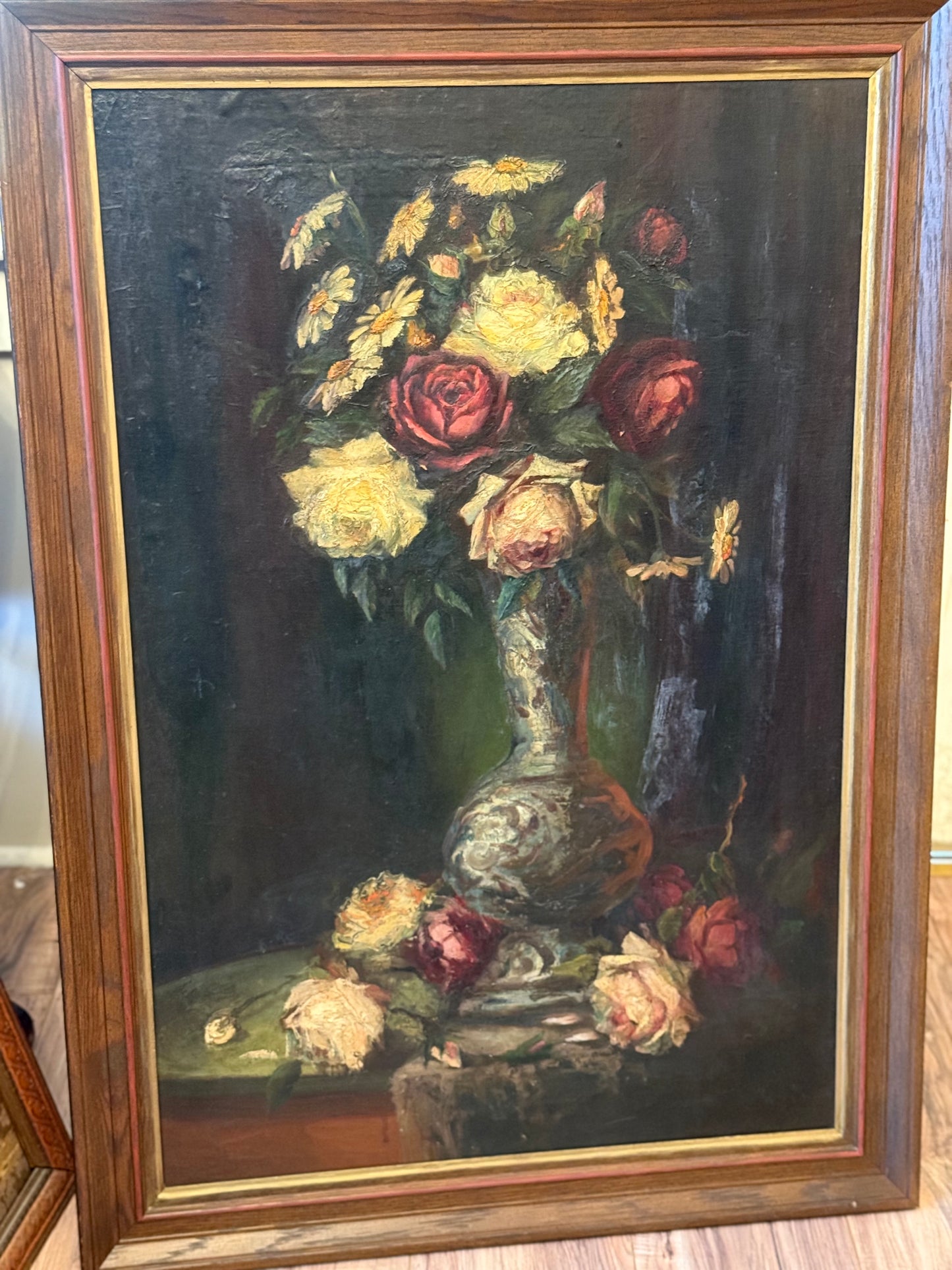 Antique Belgian Floral Still Life Oil Painting | Roses and Daisies in Vase | Framed Oil on Canvas Mounted to Board