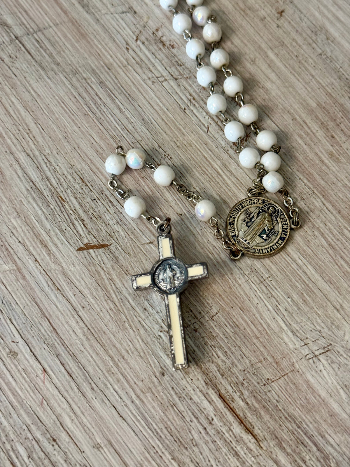 Vintage White Opalescent Beaded St. Benedict Catholic Rosary
