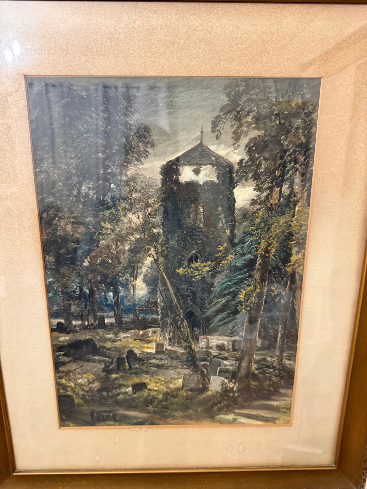 George Fotherly Hargitt, 1912 Antique Cemetery and Church Watercolor Landscape