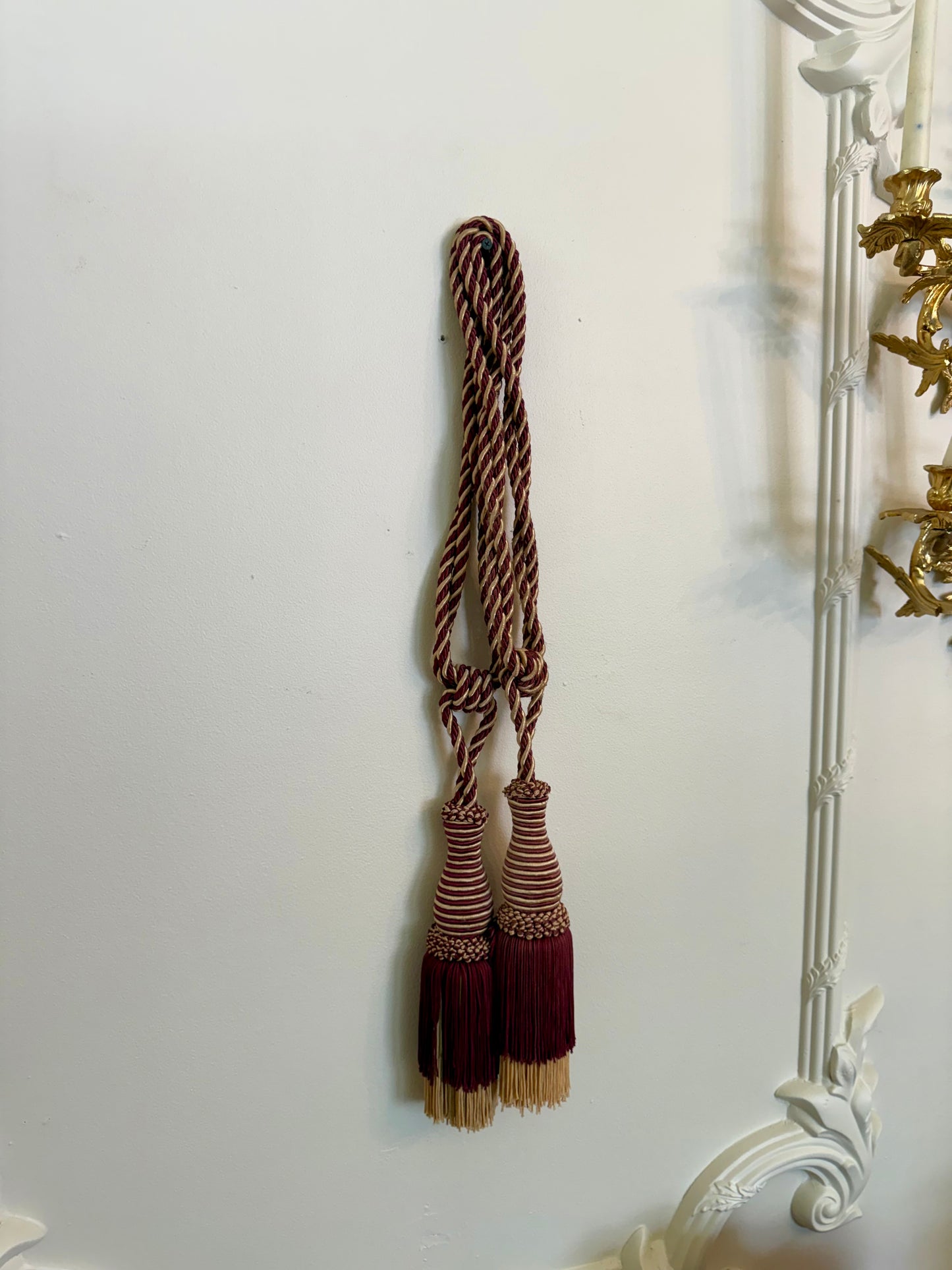 Large Vintage Double Curtain Tassels Pair | 28 Inch Burgundy & Gold Drapery Tassels