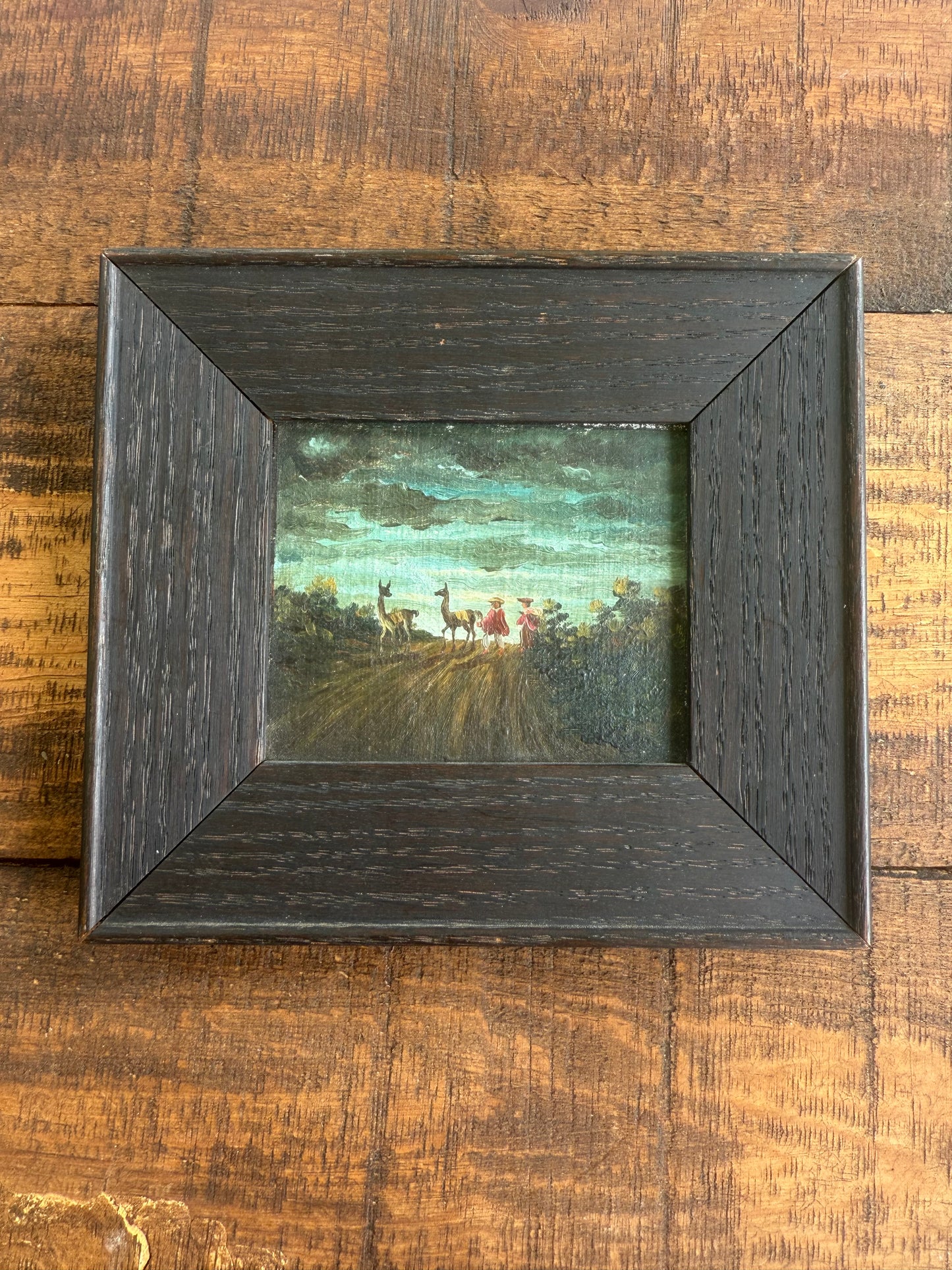 19th Century Wanamaker Collection Miniature Oil Painting – Figures with Llamas on a Country Path