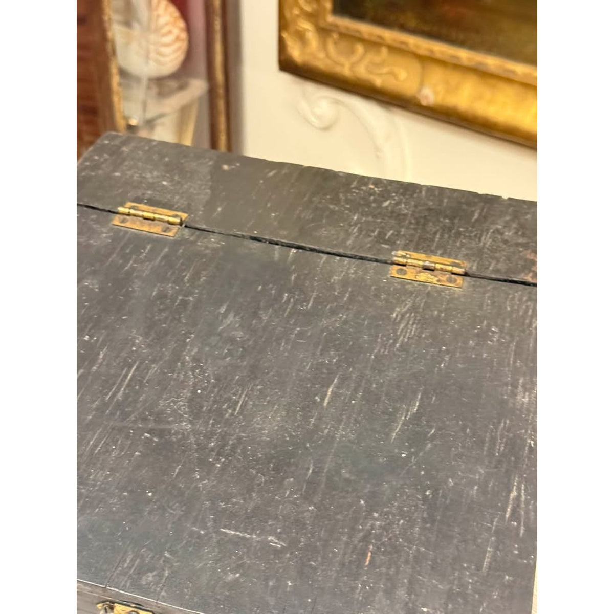 Antique Primitive Black Painted Wooden Bible Box, Slant Top Storage Chest