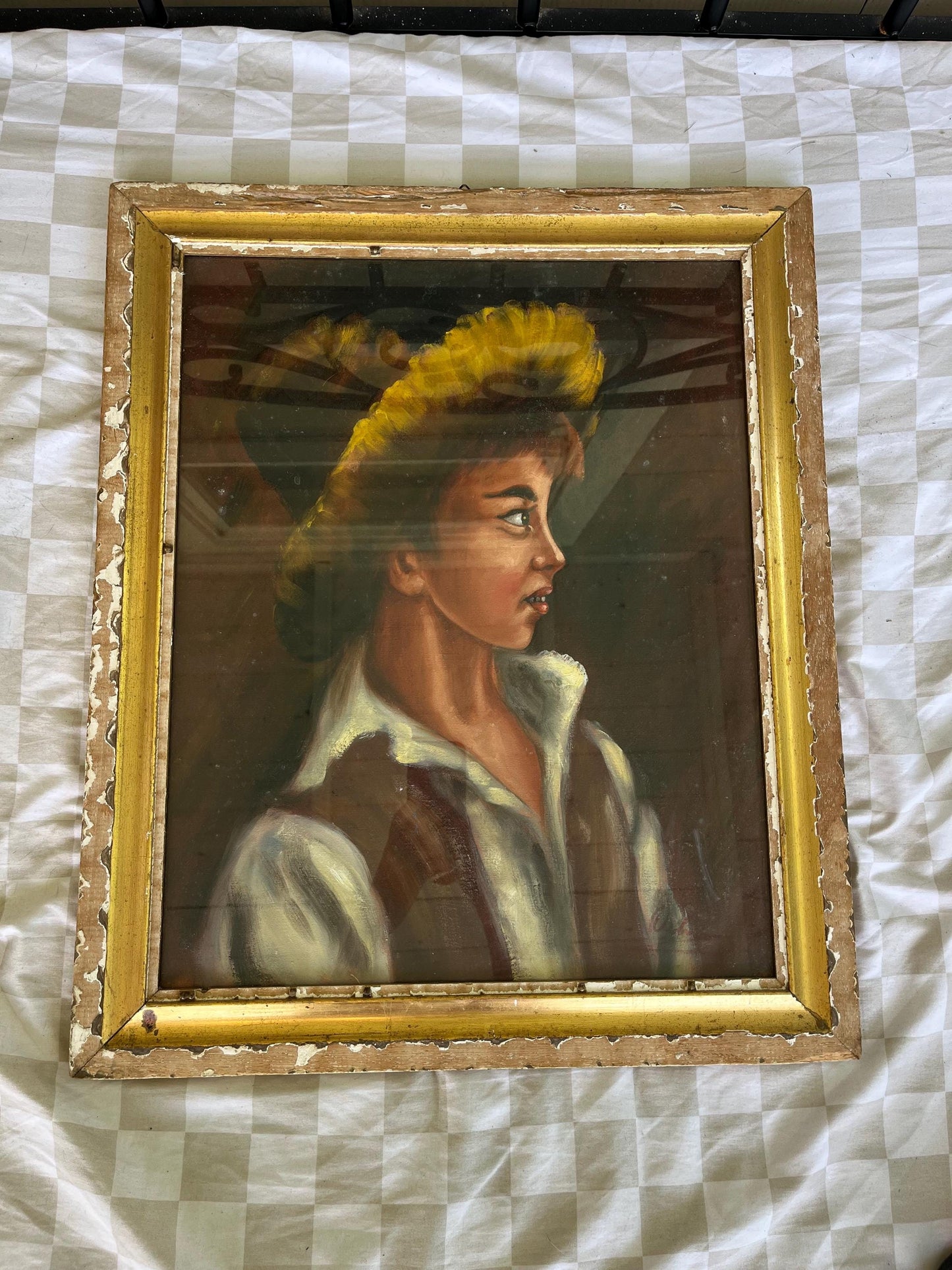 Mid-Century Italian School Style Portrait | Young Man in Hat | Romantic Rural Theme | 19x23 Vintage Painting