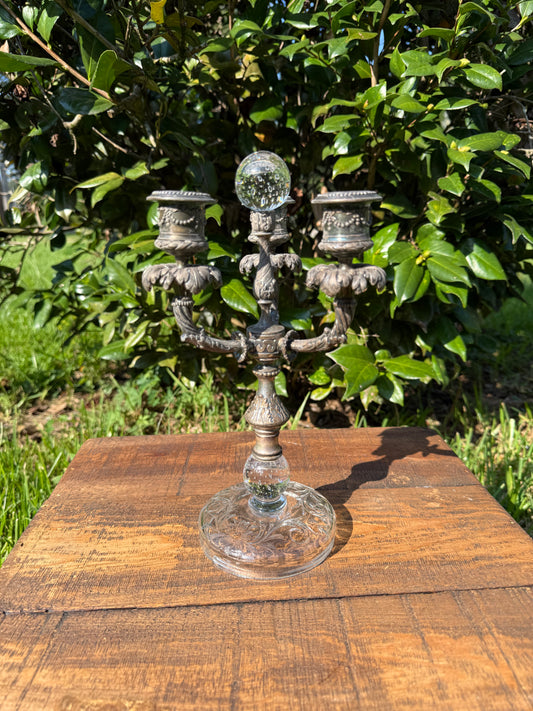French Three-Arm Spelter and Glass Candelabra with Crystal Orb, c. 1890
