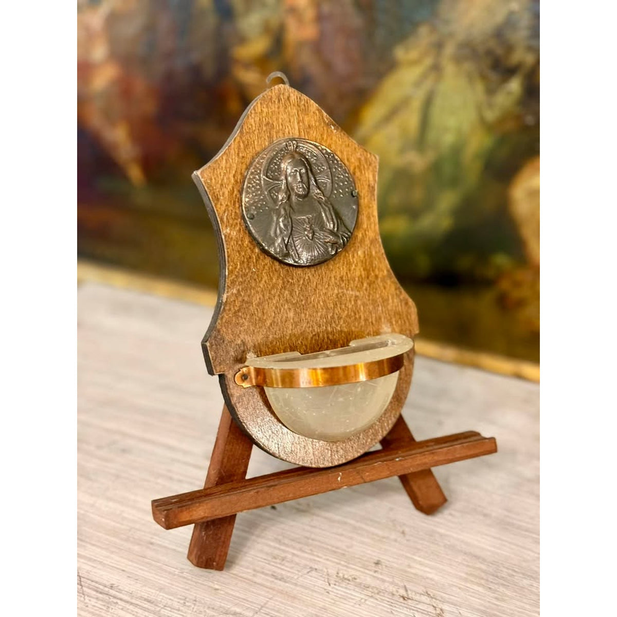 Vintage Sacred Heart of Jesus Wooden Holy Water Font, Catholic Devotional Wall Plaque