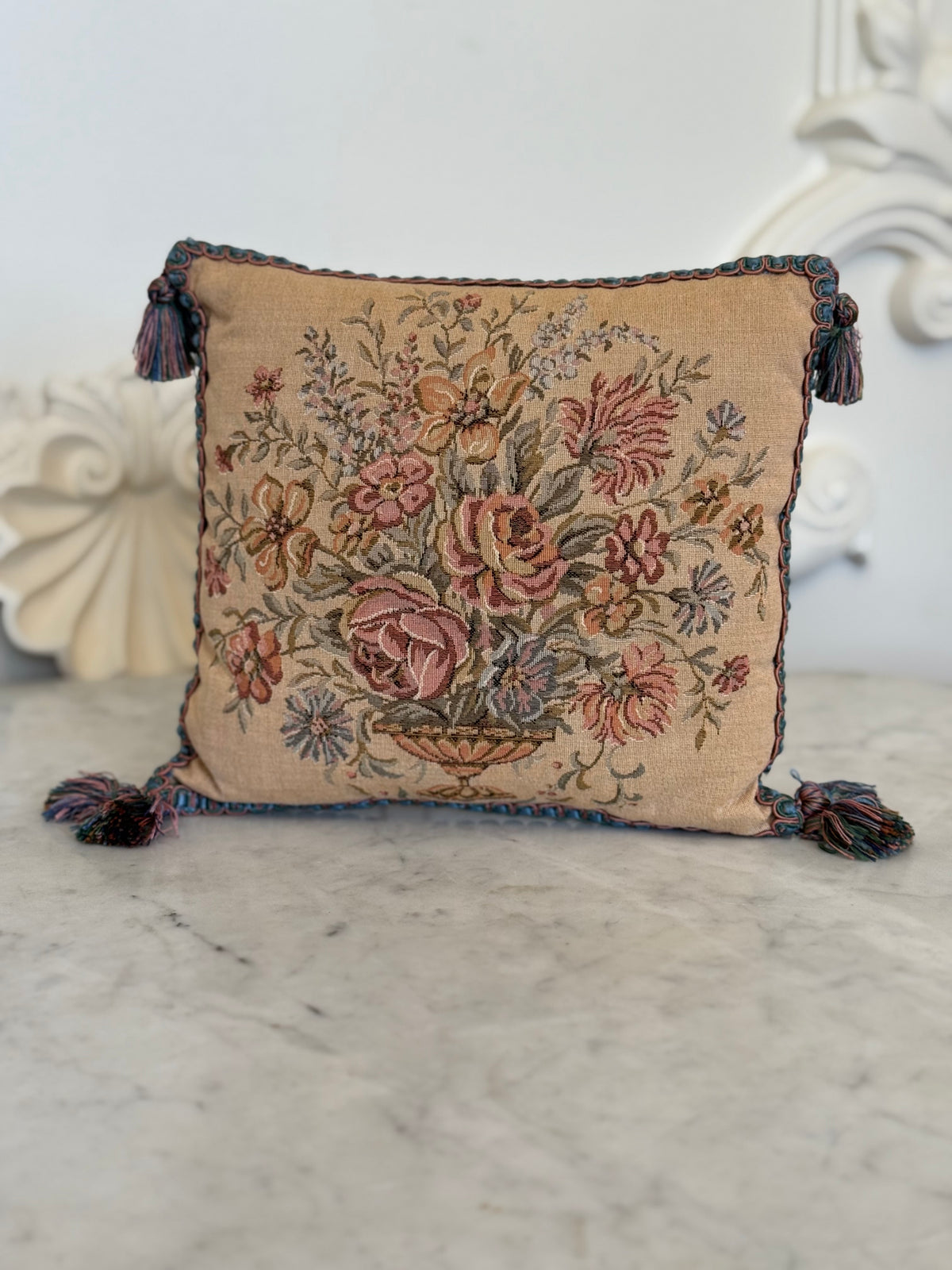 Vintage Floral Tapestry Accent Pillow with Tassels