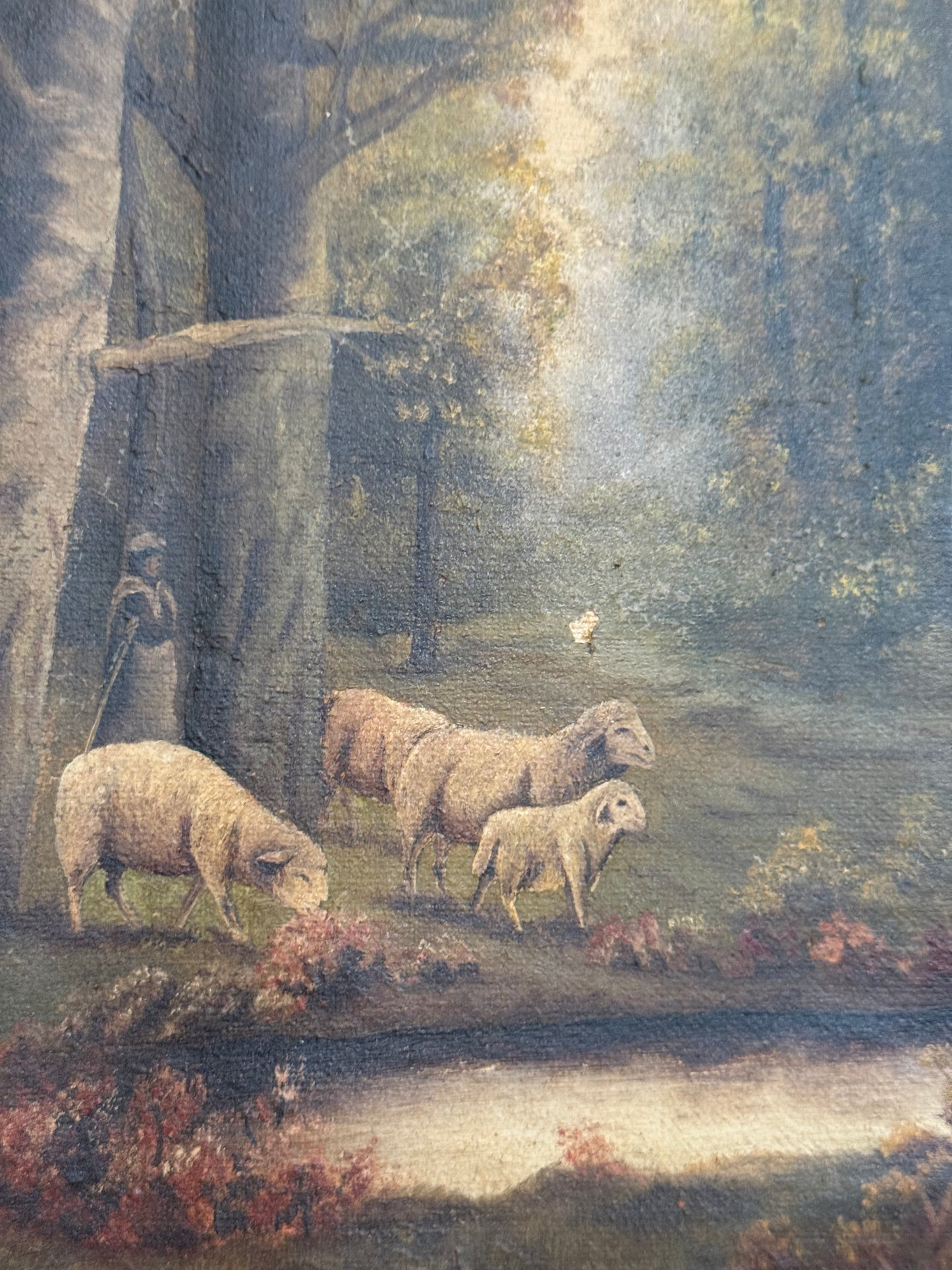 1915 American Pastoral Sheep Landscape Oil Painting by E. A. Olewine