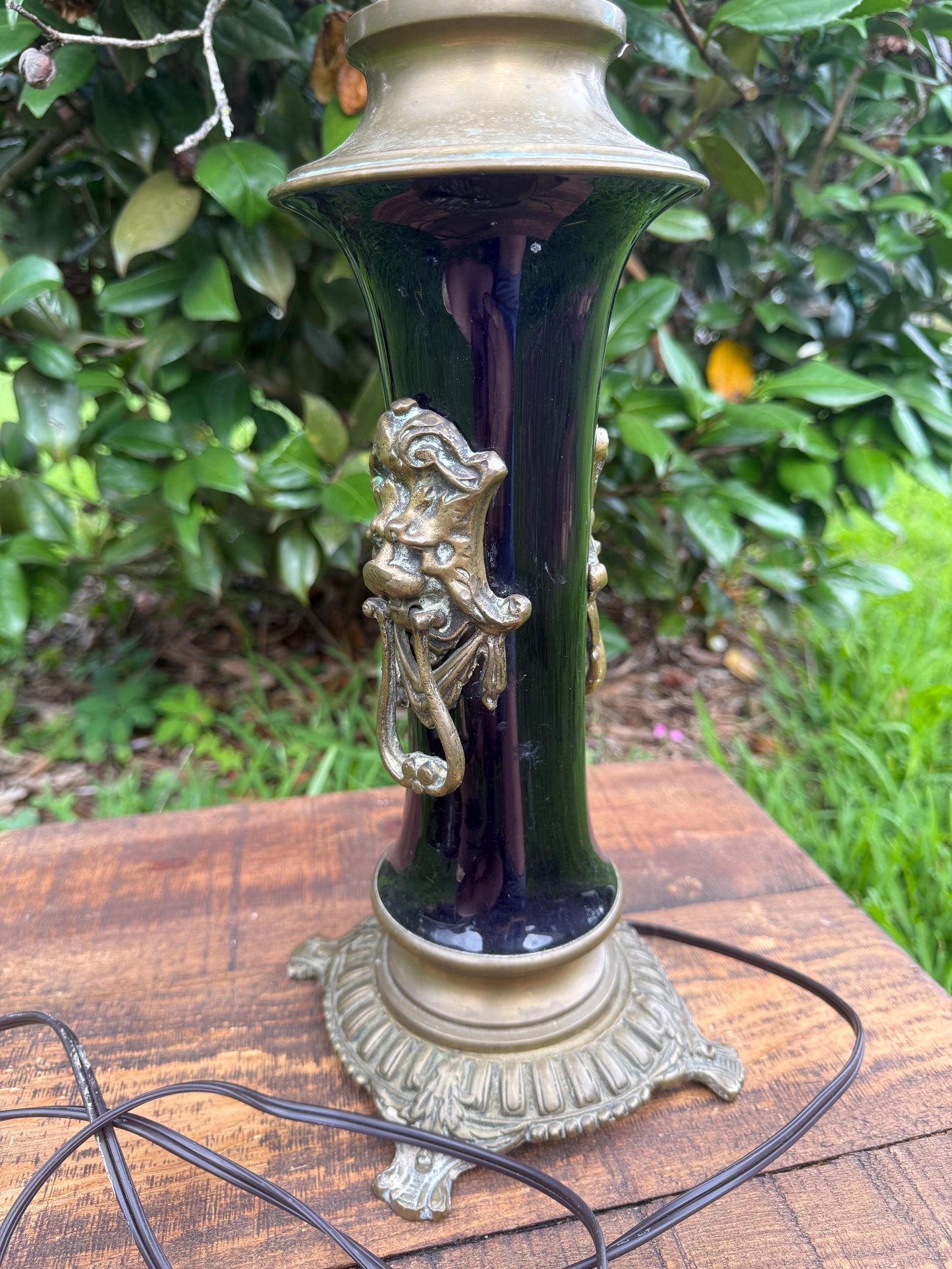 Antique Cobalt Blue Vase Lamp with Brass Lion Mounts – Converted Urn Table Lamp in Hollywood Regency or Eclectic Maximalist Style