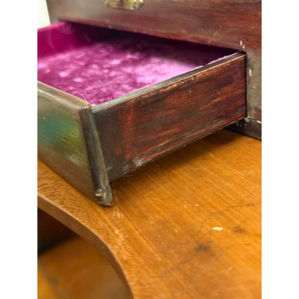 Antique Victorian Mahogany Jewelry Box Dovetail Drawer Purple Velvet Interior