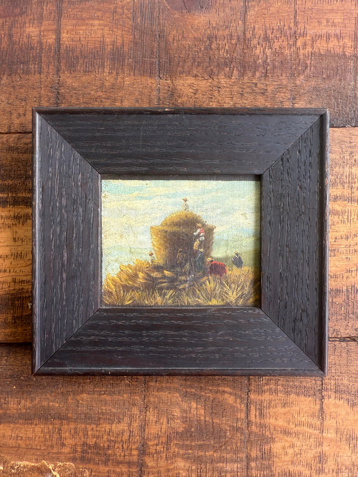 19th Century Wanamaker Collection Miniature Oil Painting – Harvest Scene with Hay Cart