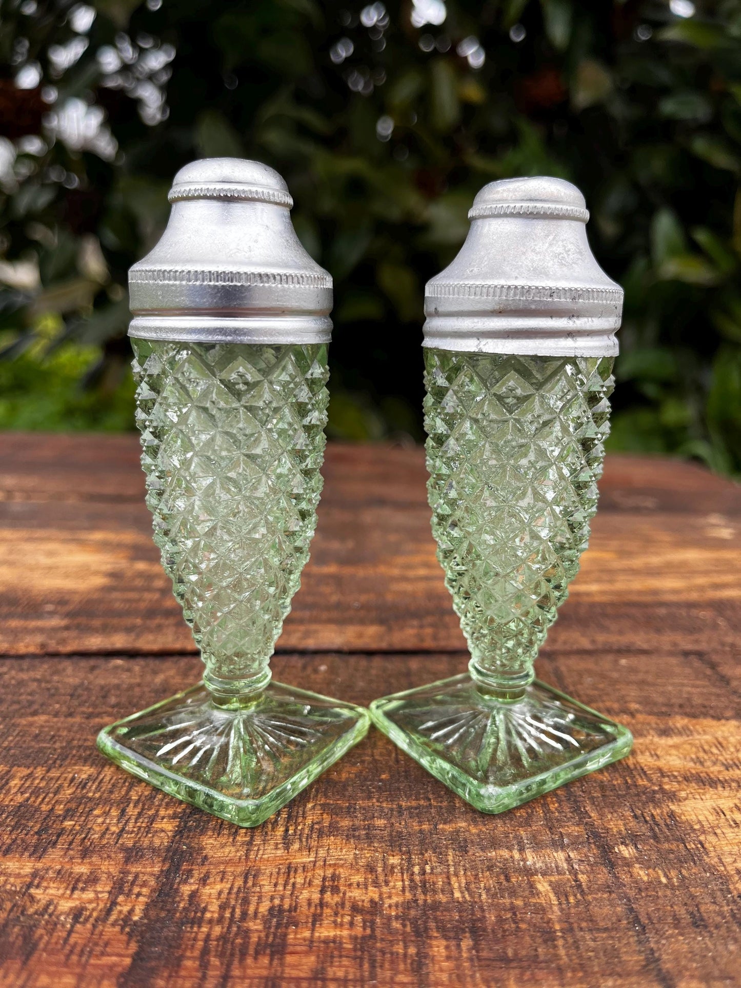 Miss America Green Glass Salt and Pepper Shakers, Depression Glass, Antique Dinnerware, Kitchen Collectibles