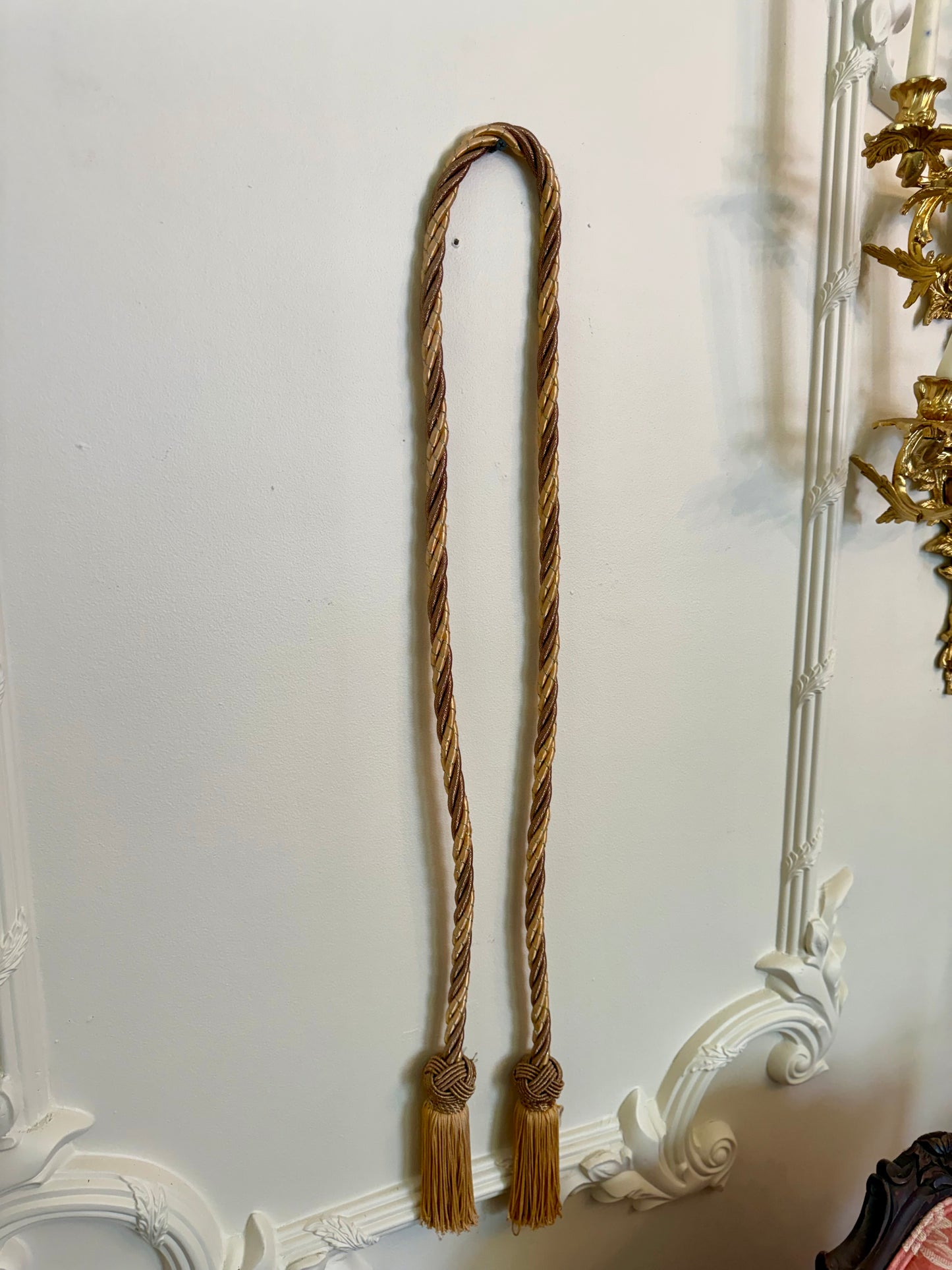 Extra Long Decorative Curtain Rope Tieback | 76 Inch Gold & Taupe Tassel Tie