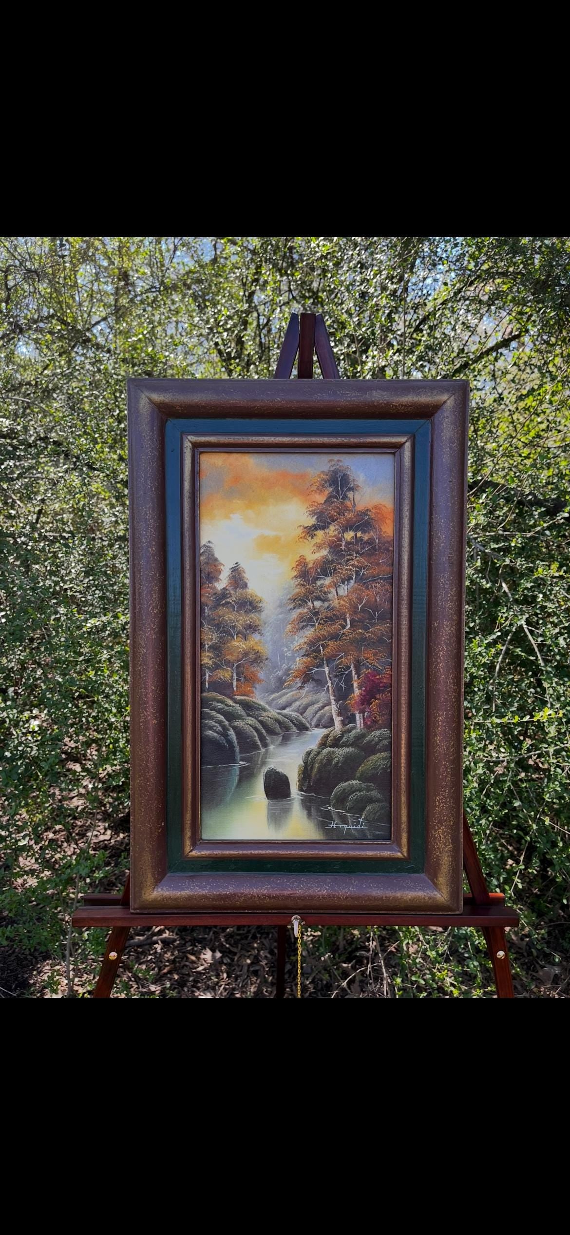 H. Roquidi Original Oil Painting – Tall River Landscape with Trees – Framed Rustic Art