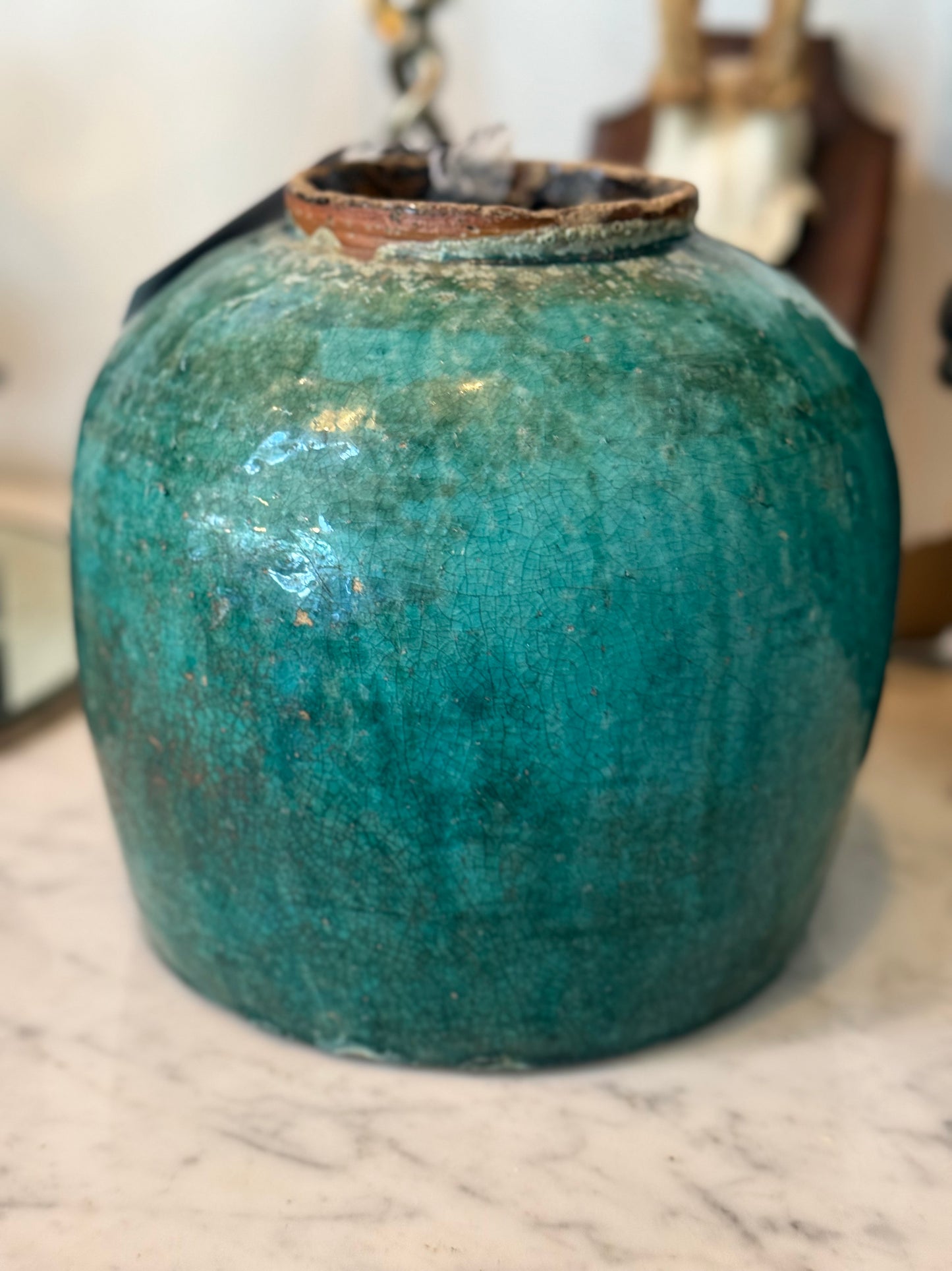 Early 20th Century Chinese Teal Glazed Ceramic Storage Jar