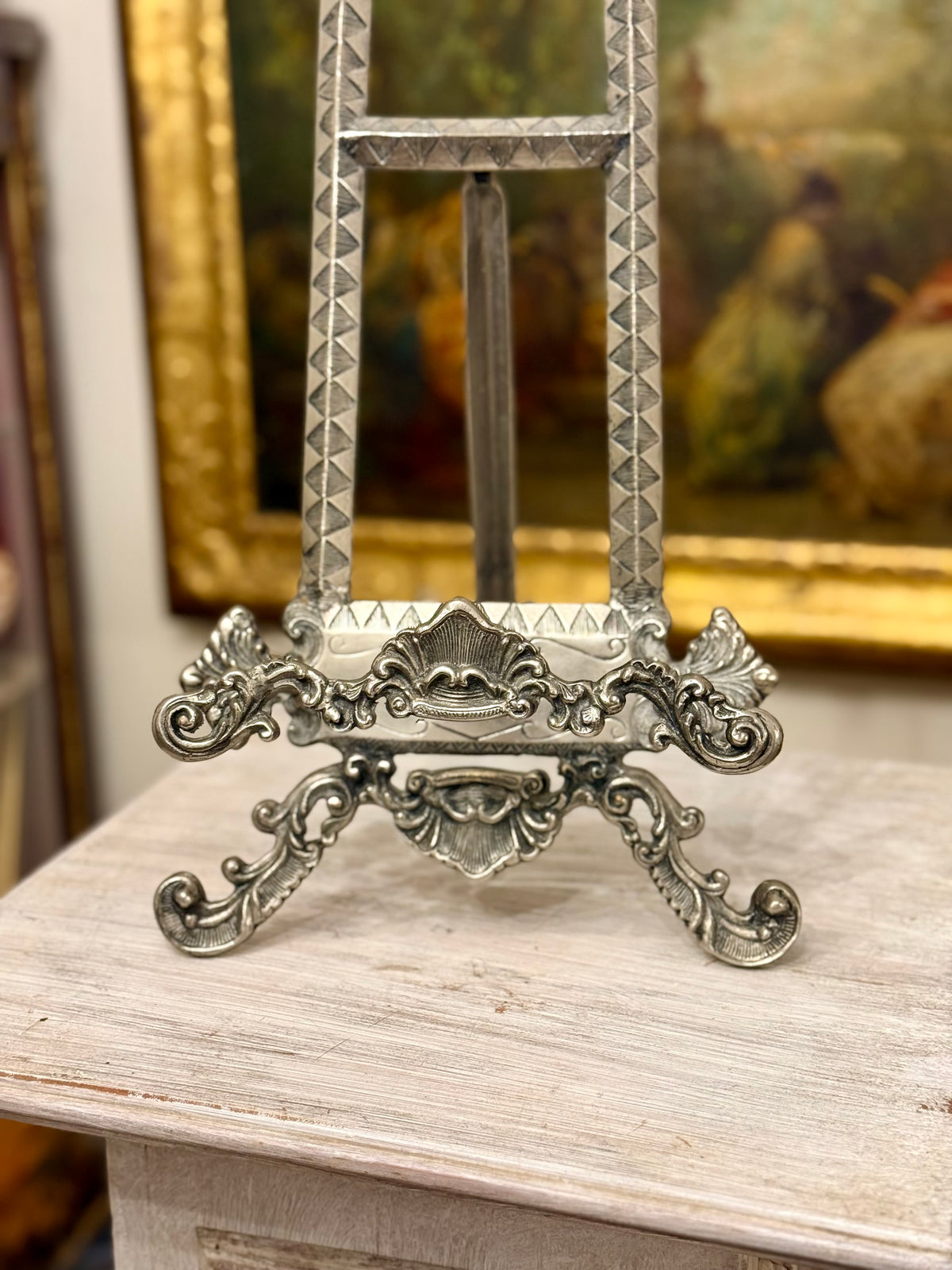 Vintage Ornate Silver-Toned Metal Display Easel with Rococo Scrollwork, 22.75”