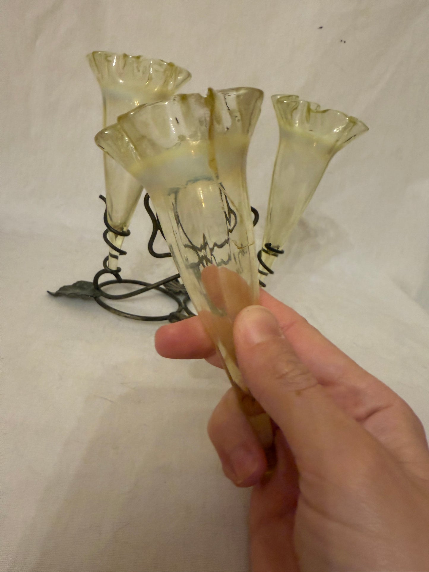 Victorian Uranium Glass Epergne with Three Flutes, c. 1890–1910