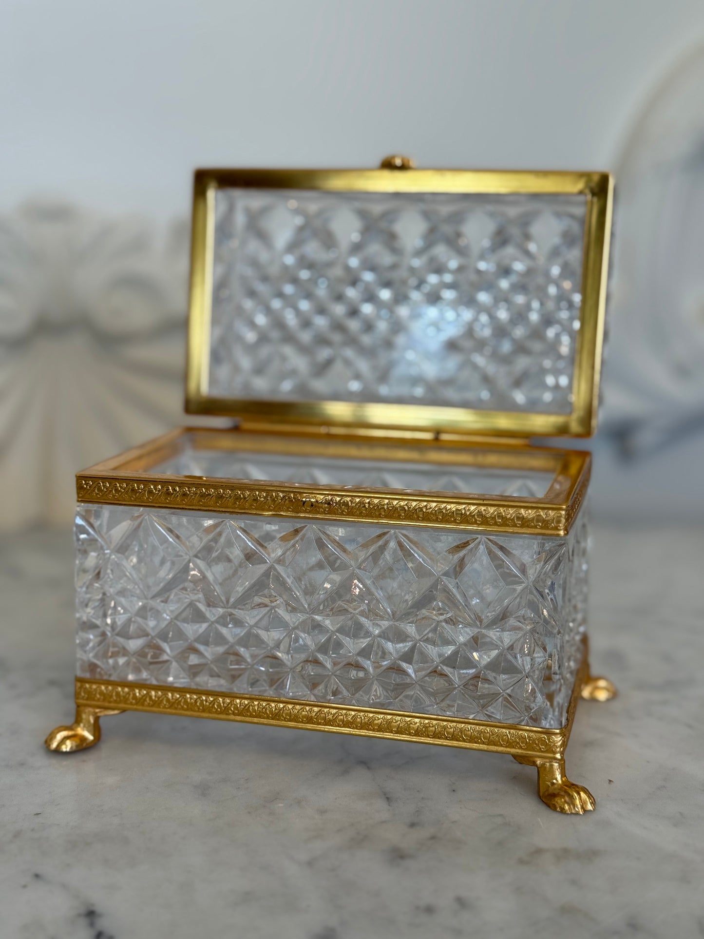 Antique Cut Crystal Jewelry Casket with Gilt Bronze Claw Feet, c. Early 1900s