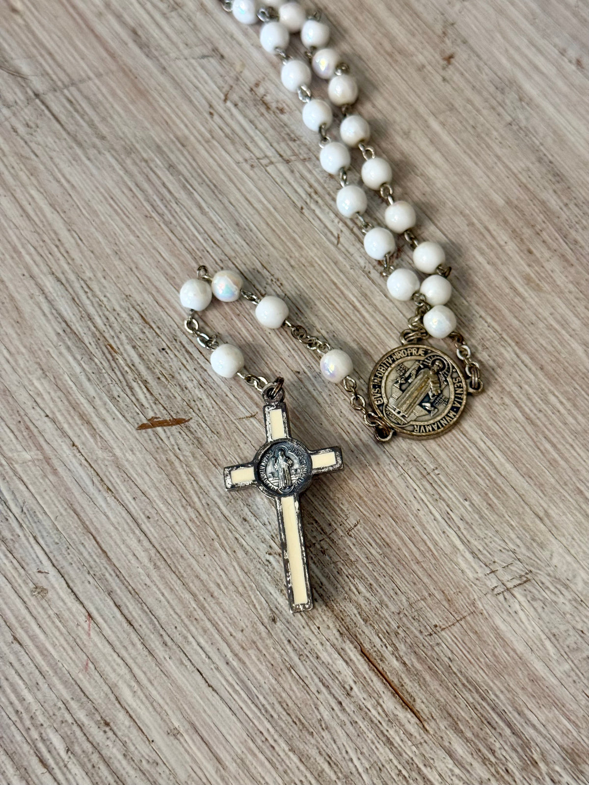 Vintage White Opalescent Beaded St. Benedict Catholic Rosary