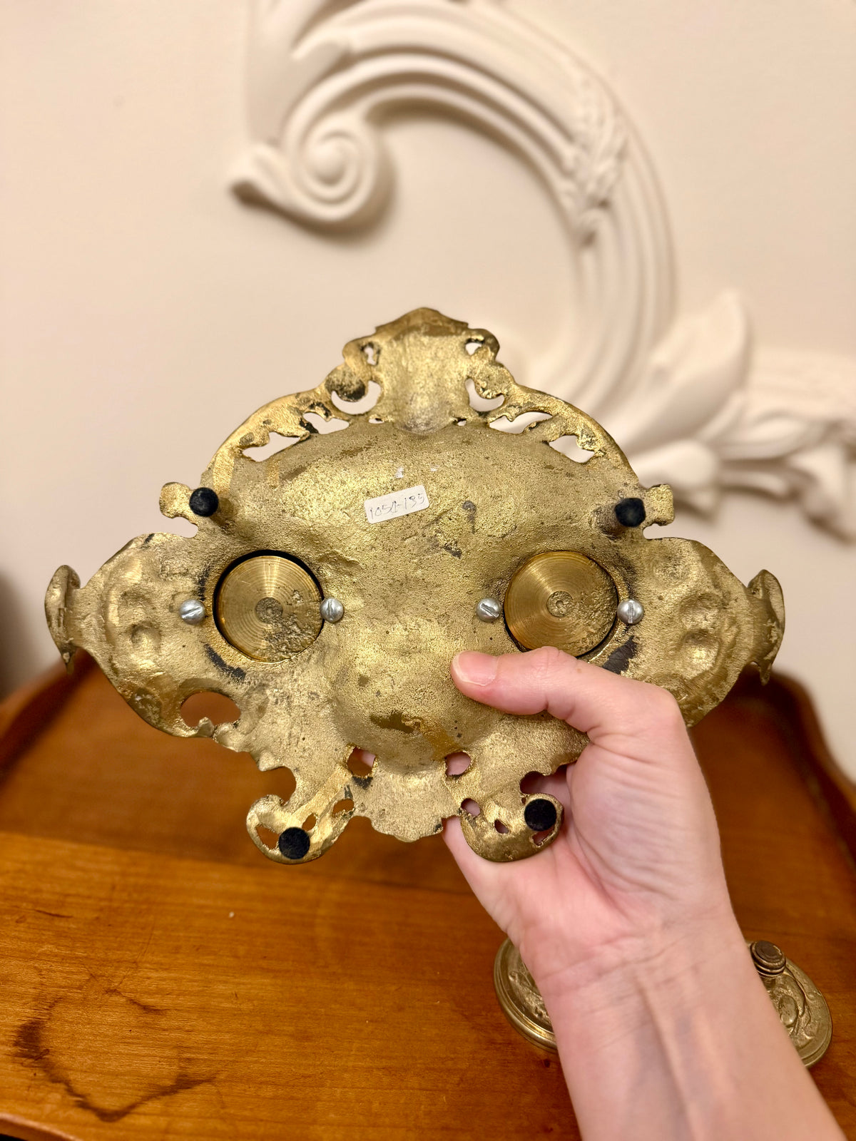 Vintage Rococo Revival Ornate Cast Metal Double Inkwell Inkstand