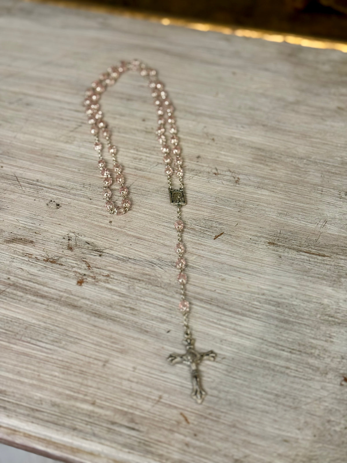 Vintage Pale Pink Faceted Glass Catholic Rosary with Marian Medal