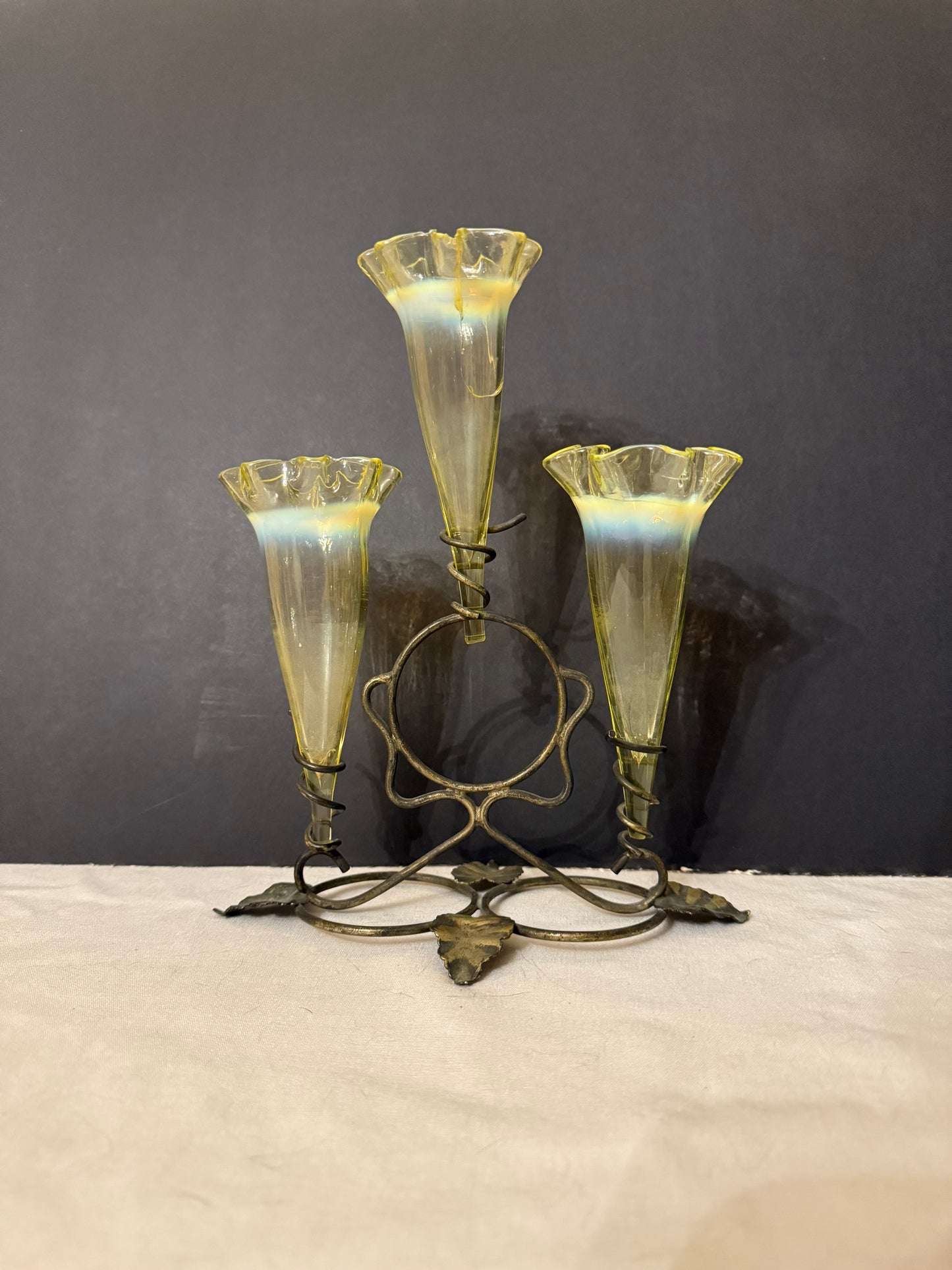Victorian Uranium Glass Epergne with Three Flutes, c. 1890–1910