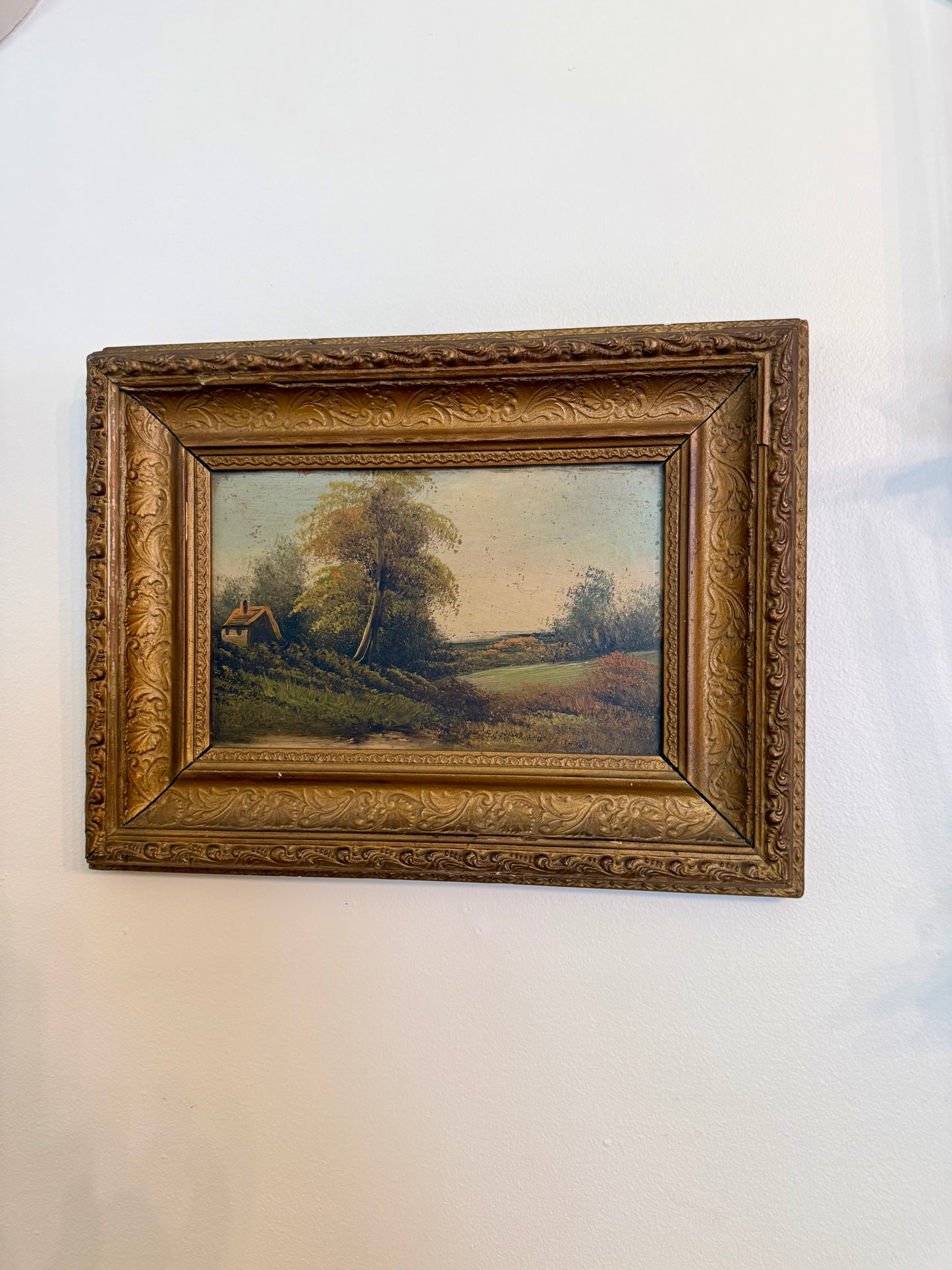 Antique Pastoral Landscape Oil on Board | Gilt Frame | Cottage Scene