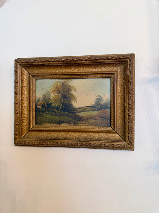 Antique Pastoral Landscape Oil on Board | Gilt Frame | Cottage Scene
