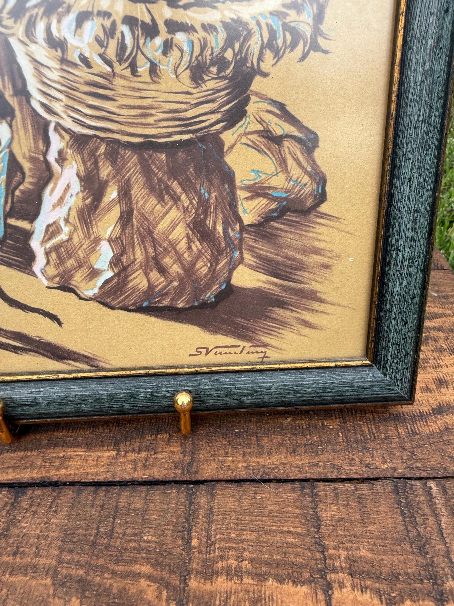 Framed Greek Fisherman Print – Vassiliou 1964 Folk Art with Cat & Nets, 10.5x13.5