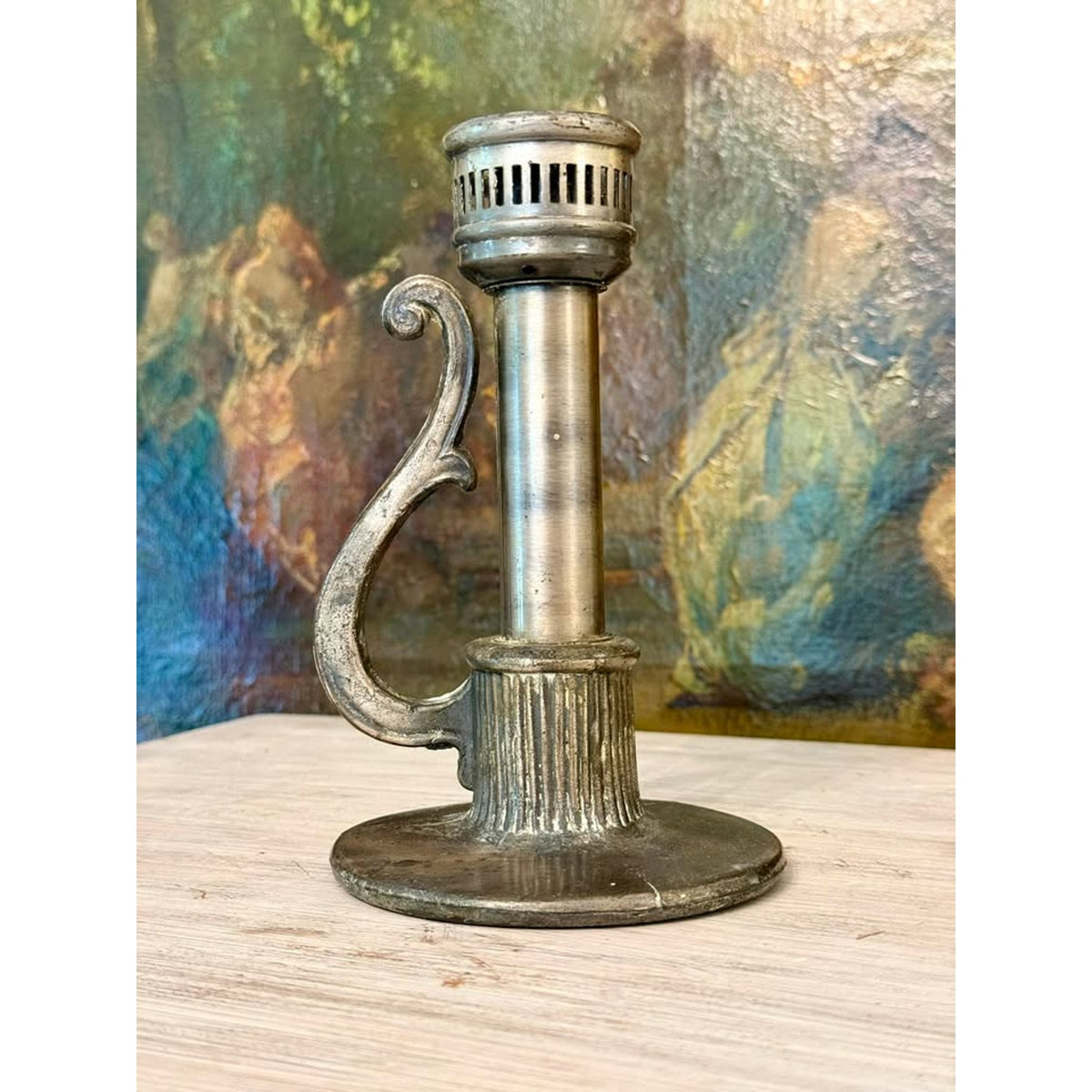 Vintage Silver-Tone Chamberstick Candle Holder with Scroll Handle