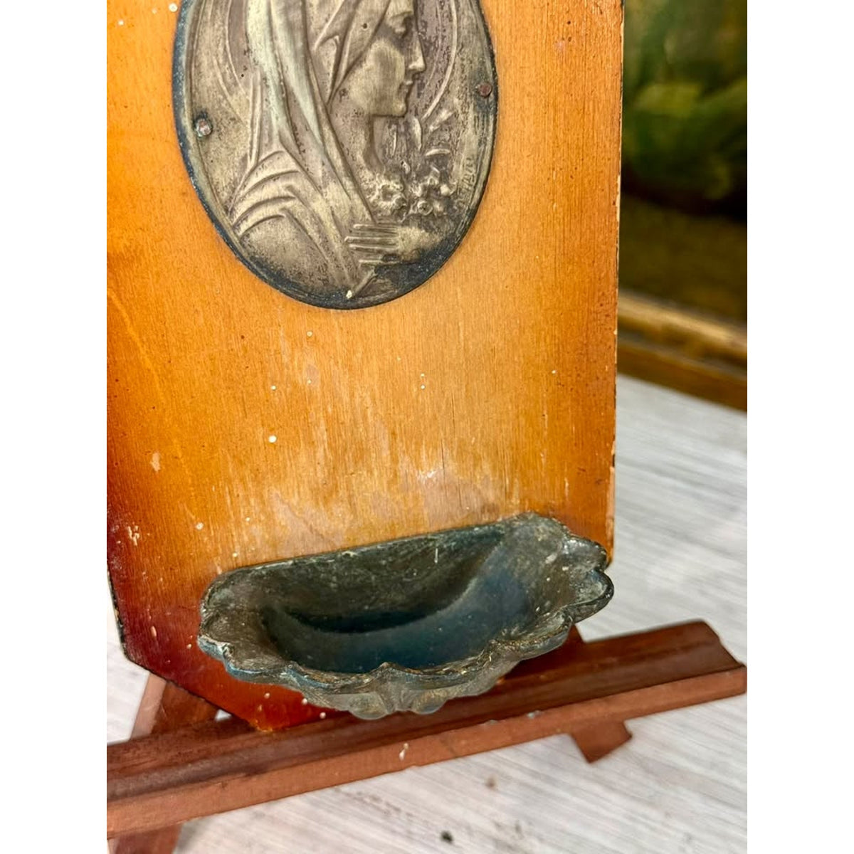 Vintage Virgin Mary Holy Water Font with Wooden Wall Plaque and Metal Basin