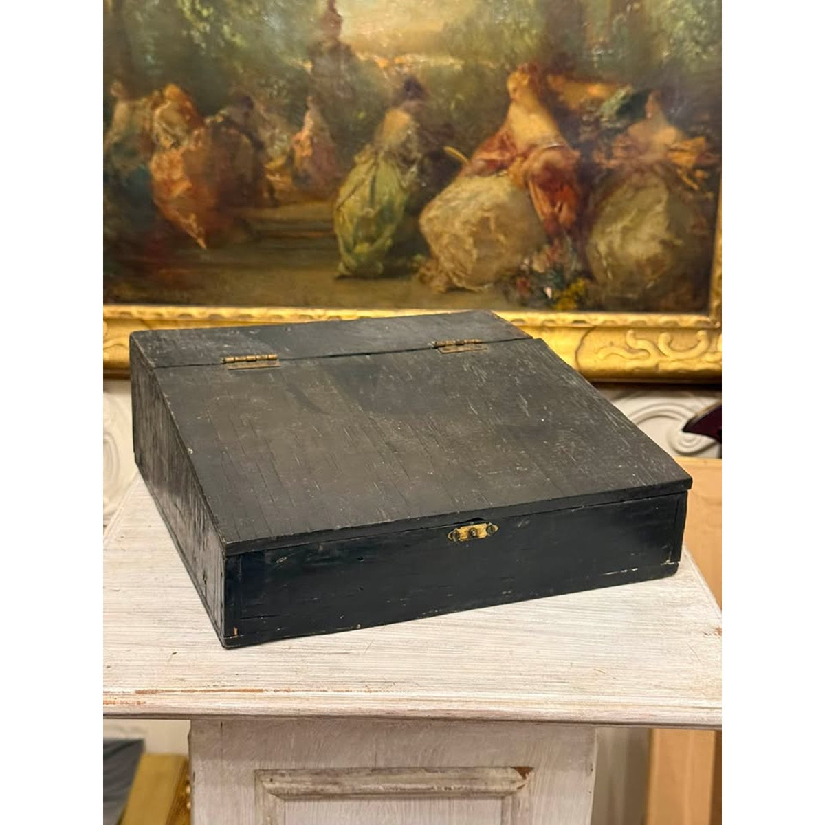 Antique Primitive Black Painted Wooden Bible Box, Slant Top Storage Chest