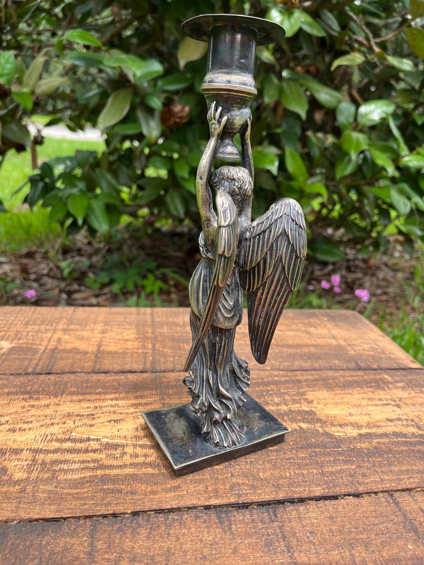 Neoclassical Winged Woman Candlestick – Heavy Cast Metal Taper Holder